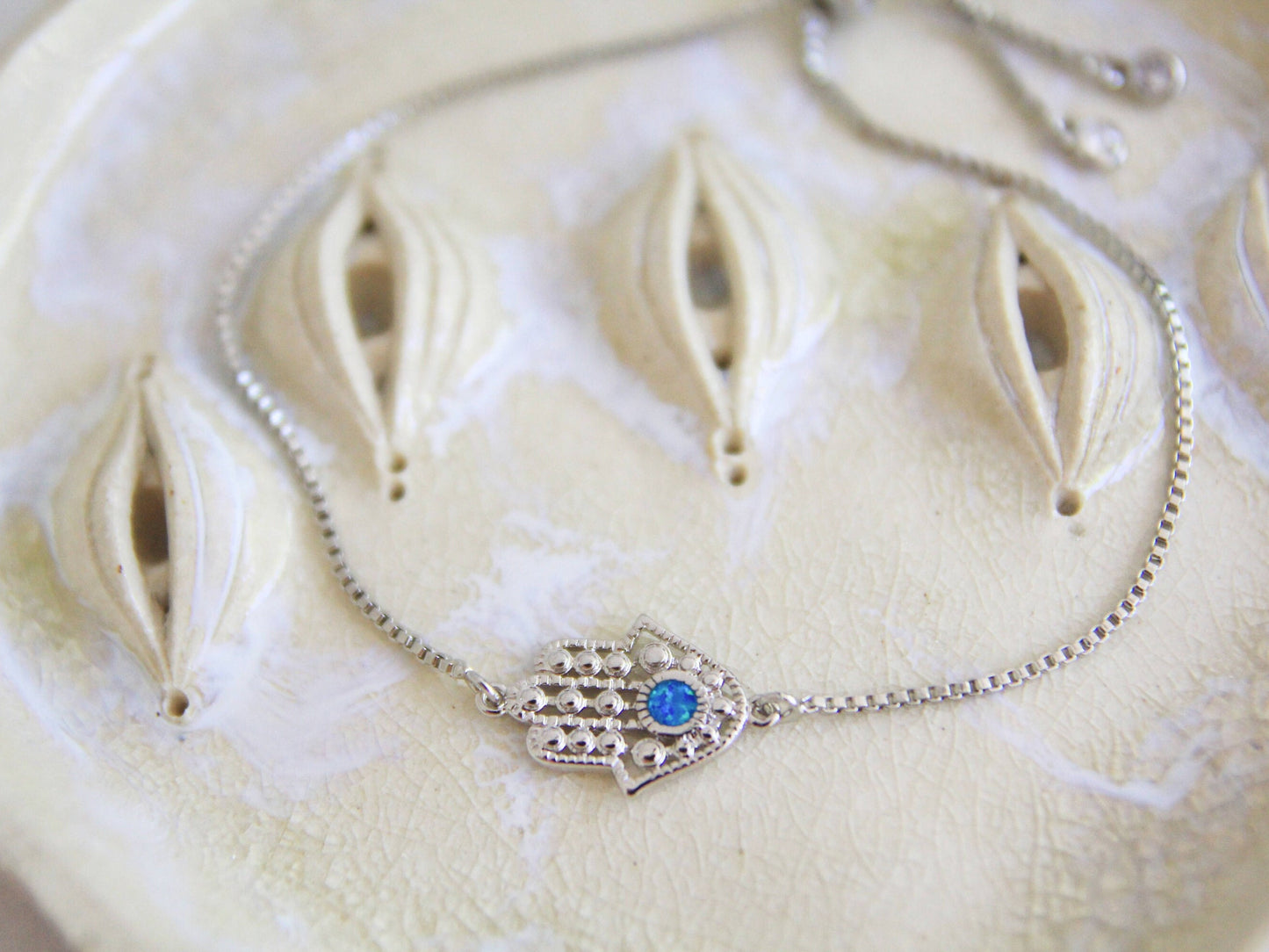 Silver Opal Hamsa Hand Bracelet