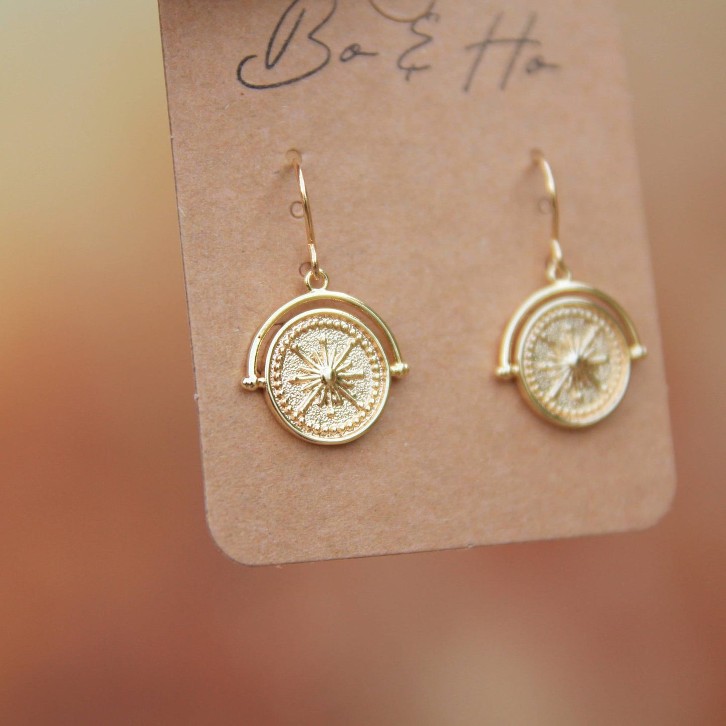 Gold Round Sundial Coin Earrings