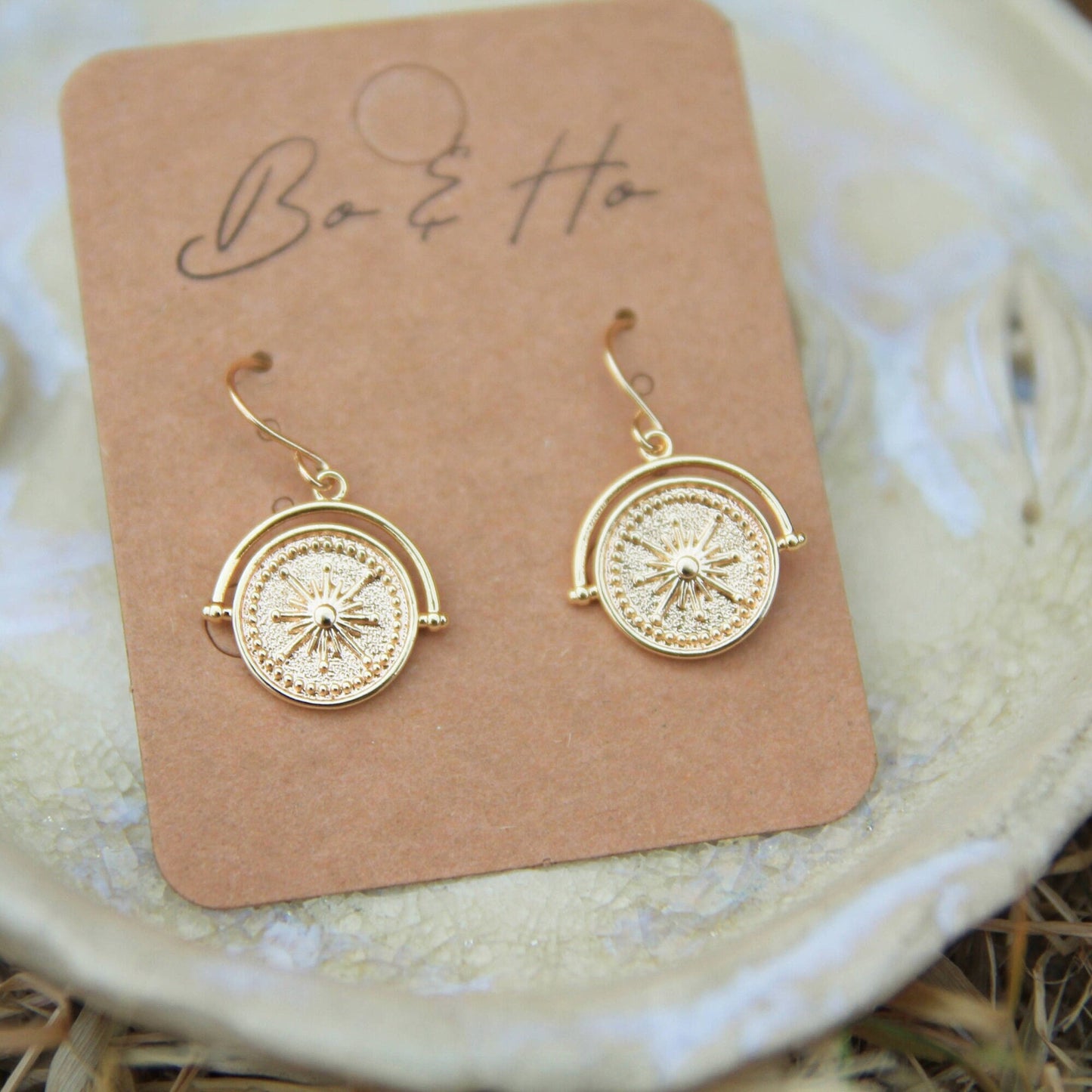 Gold Round Sundial Coin Earrings