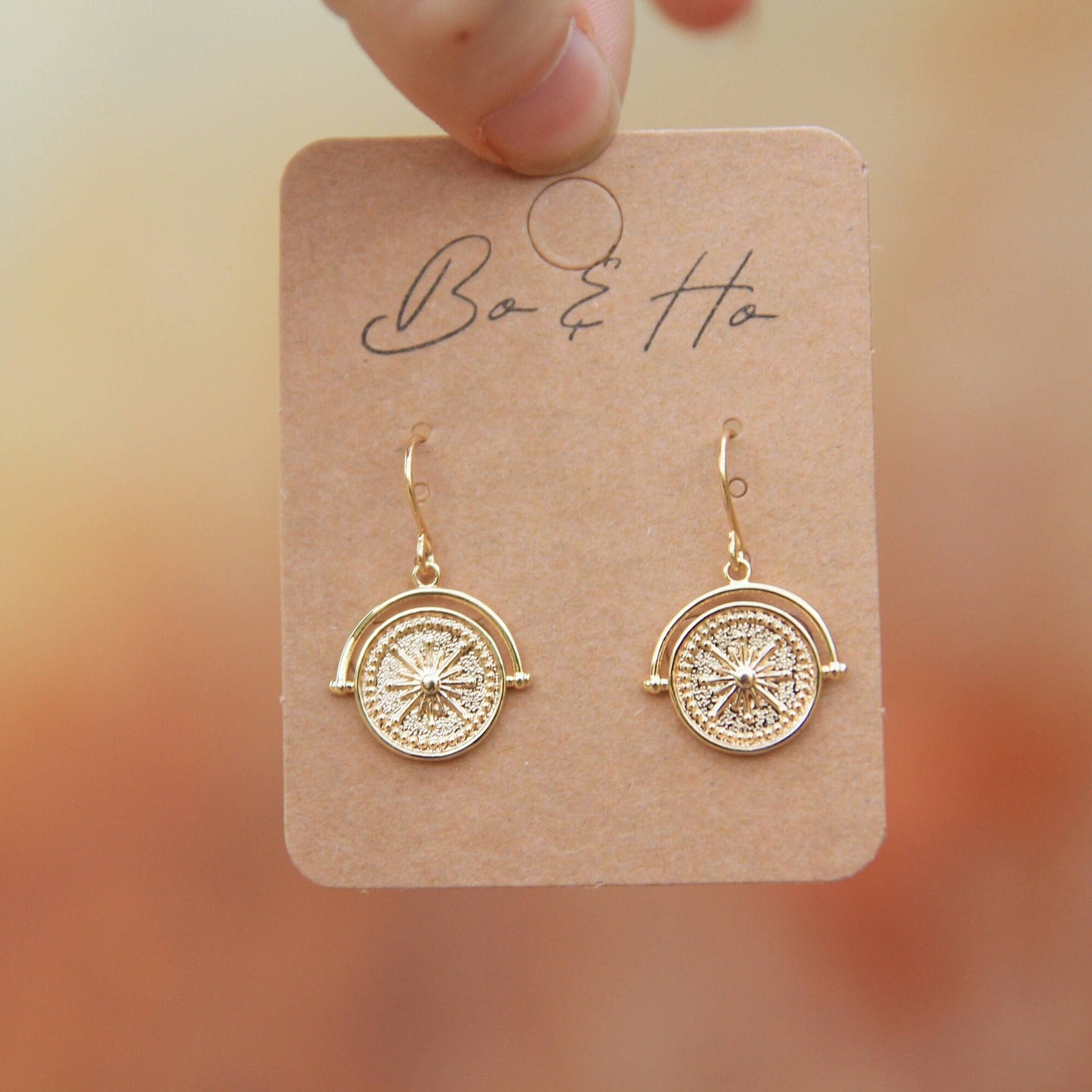 Gold Round Sundial Coin Earrings