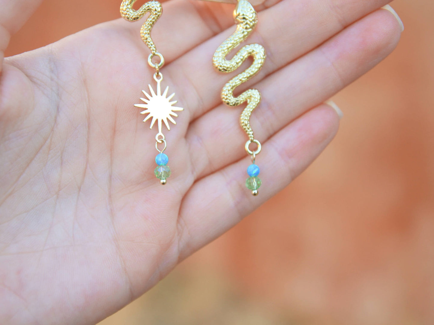Blue Opal, Green Crystal, Asymmetric Gold Sun & Snake Earrings