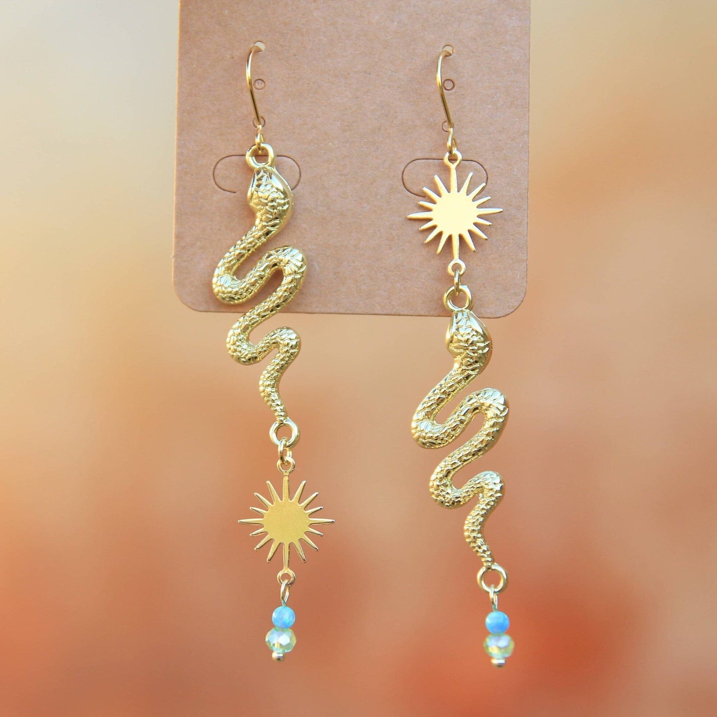 Blue Opal, Green Crystal, Asymmetric Gold Sun & Snake Earrings