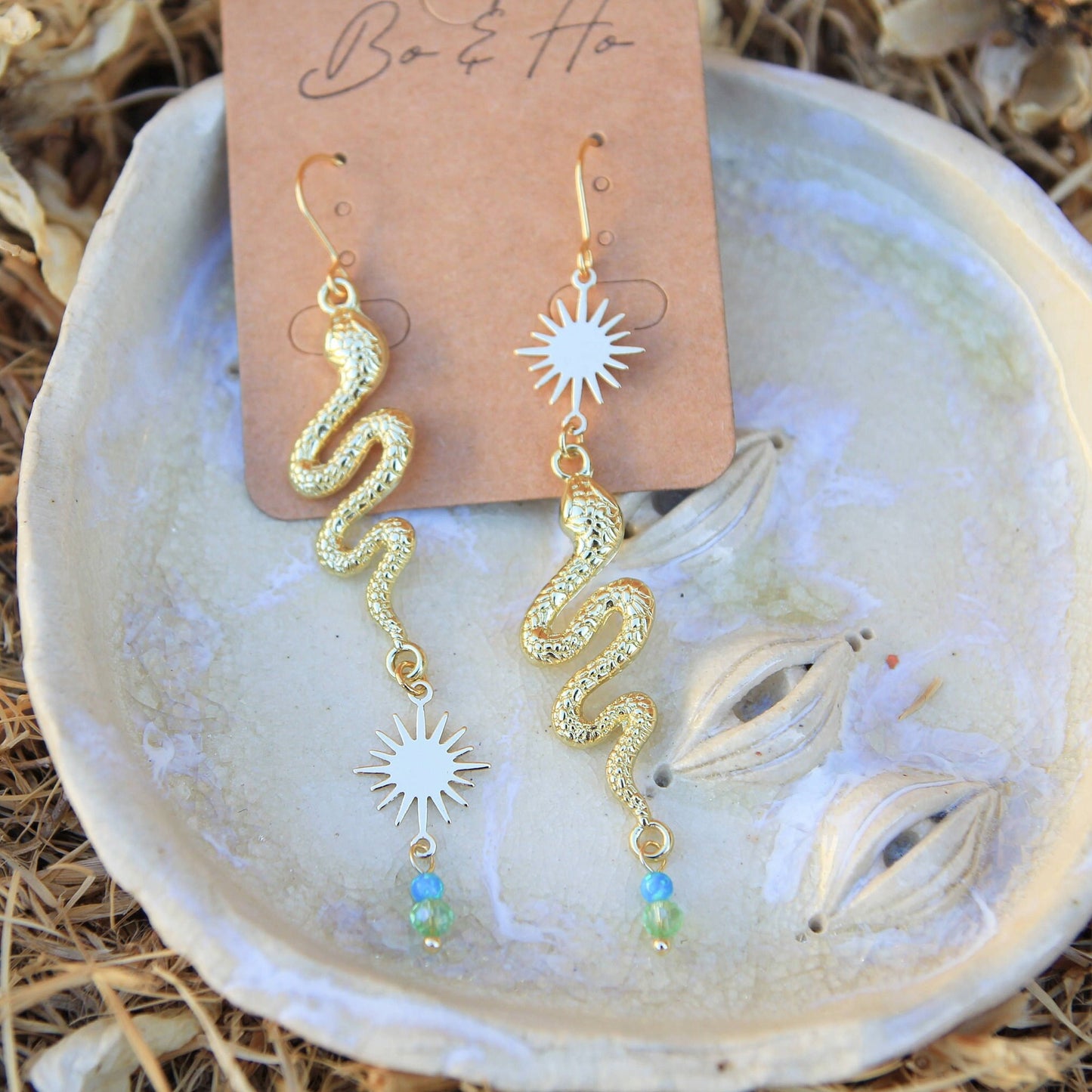 Blue Opal, Green Crystal, Asymmetric Gold Sun & Snake Earrings