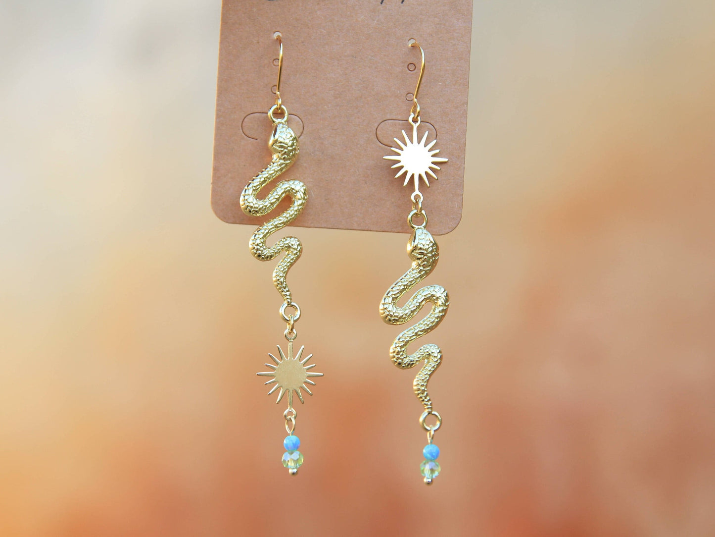 Blue Opal, Green Crystal, Asymmetric Gold Sun & Snake Earrings