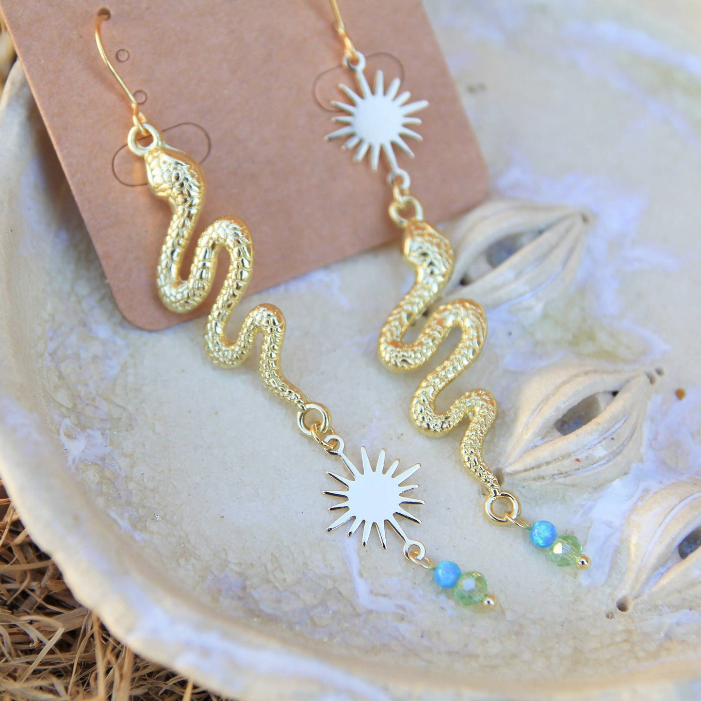 Blue Opal, Green Crystal, Asymmetric Gold Sun & Snake Earrings