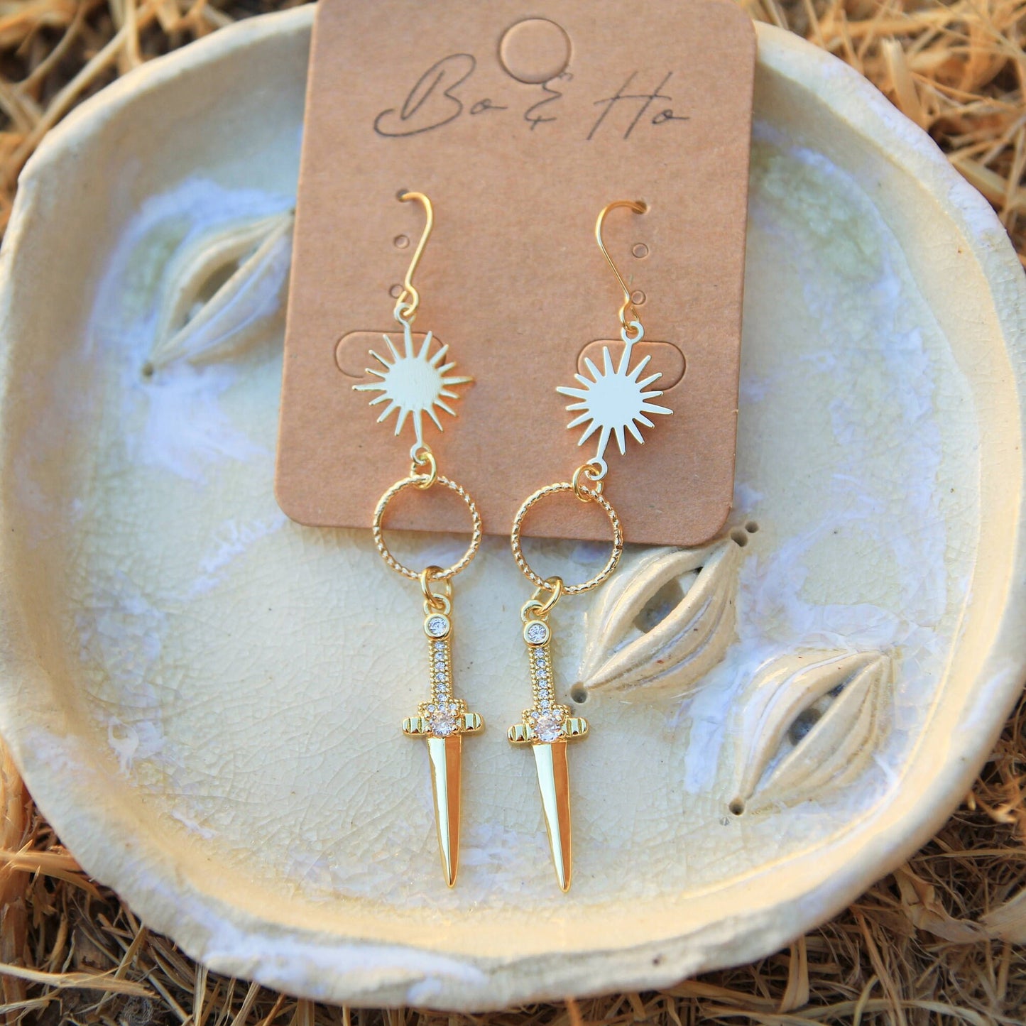 Gold Sun Dagger Knife Earrings
