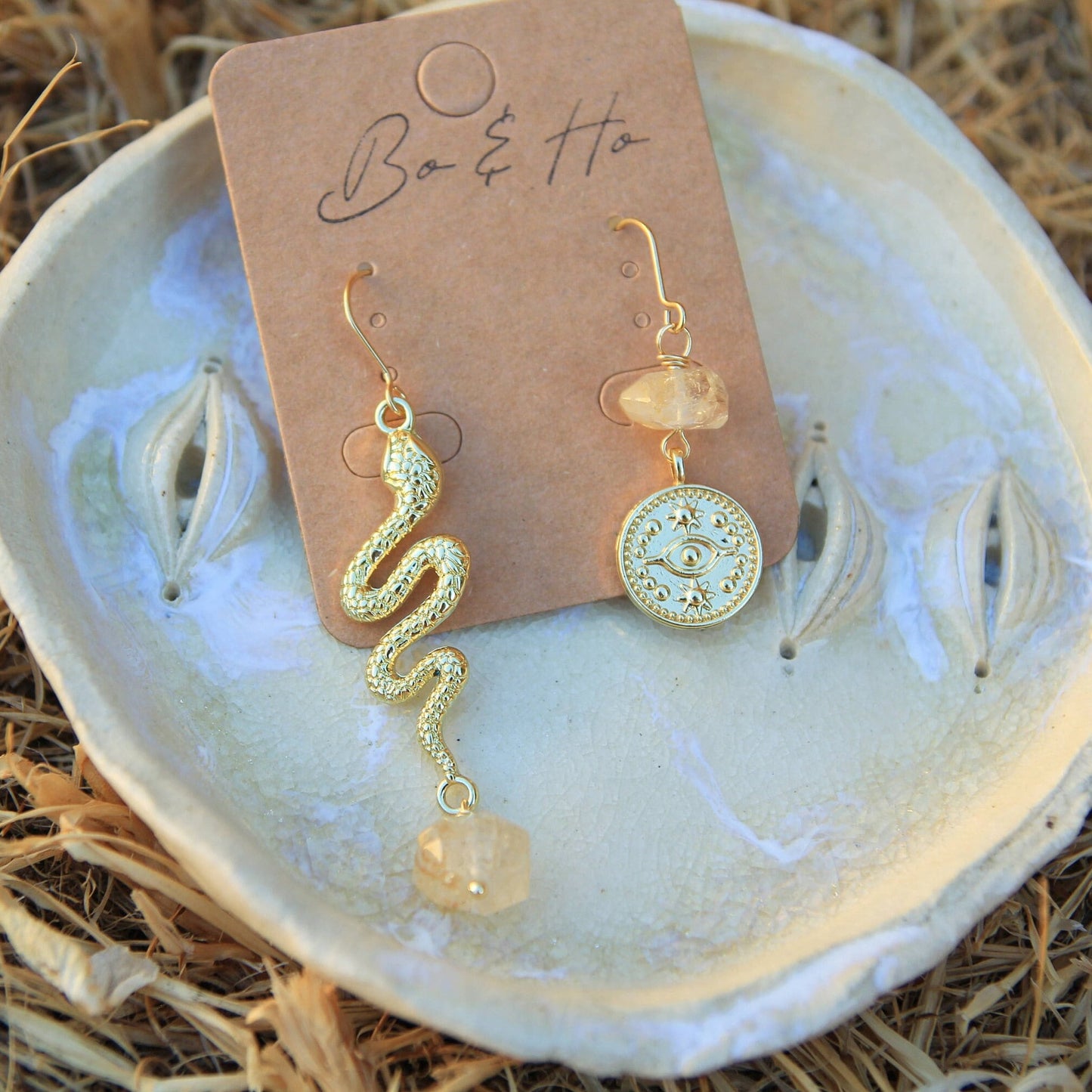 Gold Snake and Starry Eye Earrings