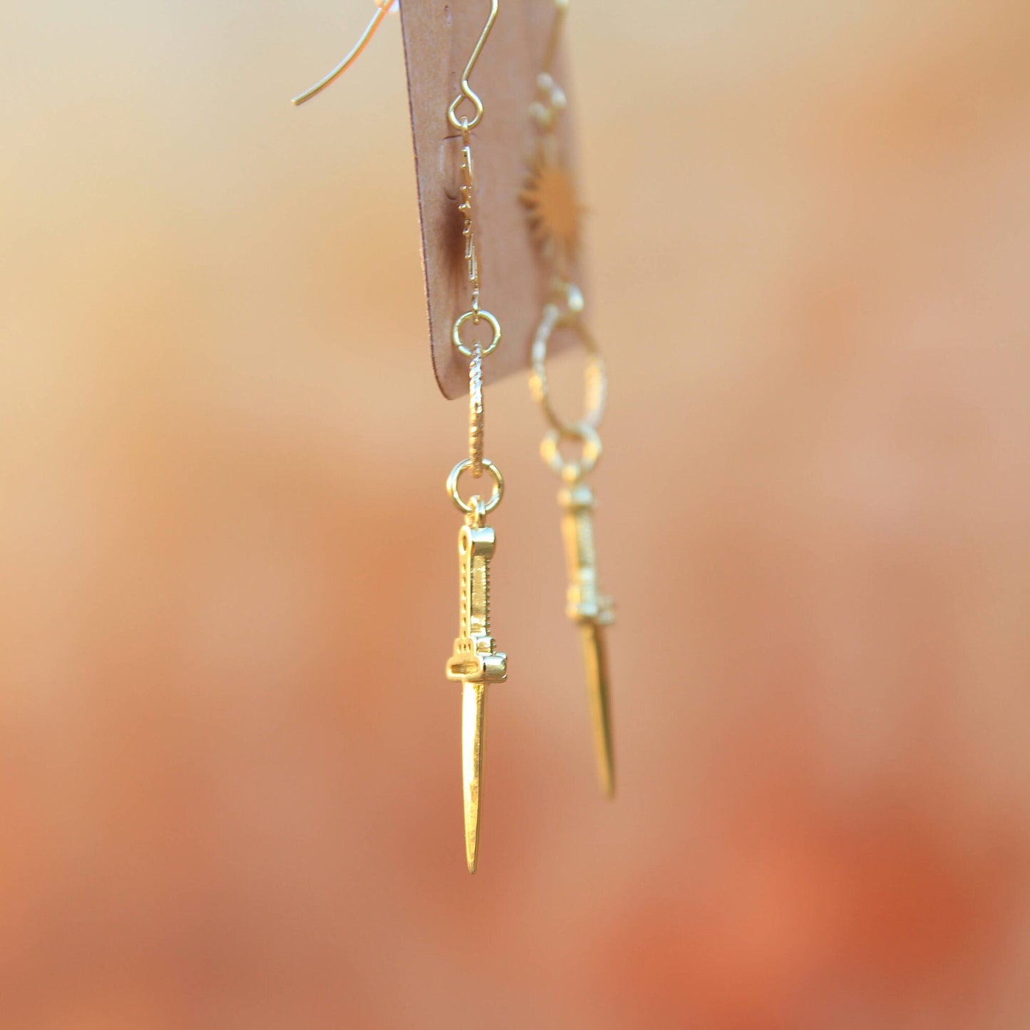 Gold Sun Dagger Knife Earrings