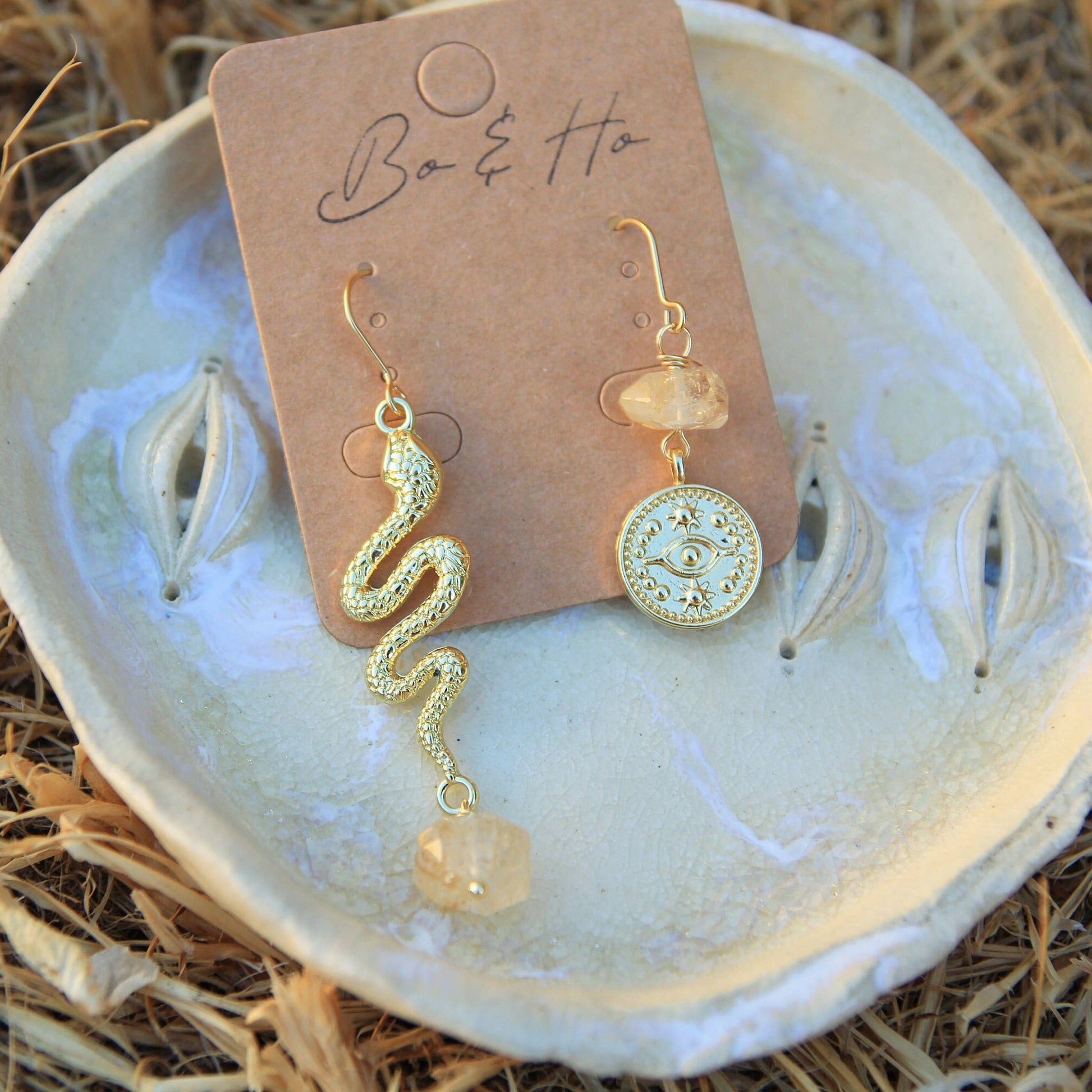 Gold Snake and Starry Eye Earrings