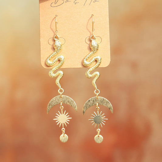 Gold Celestial Snake Earrings with Sun, Moons