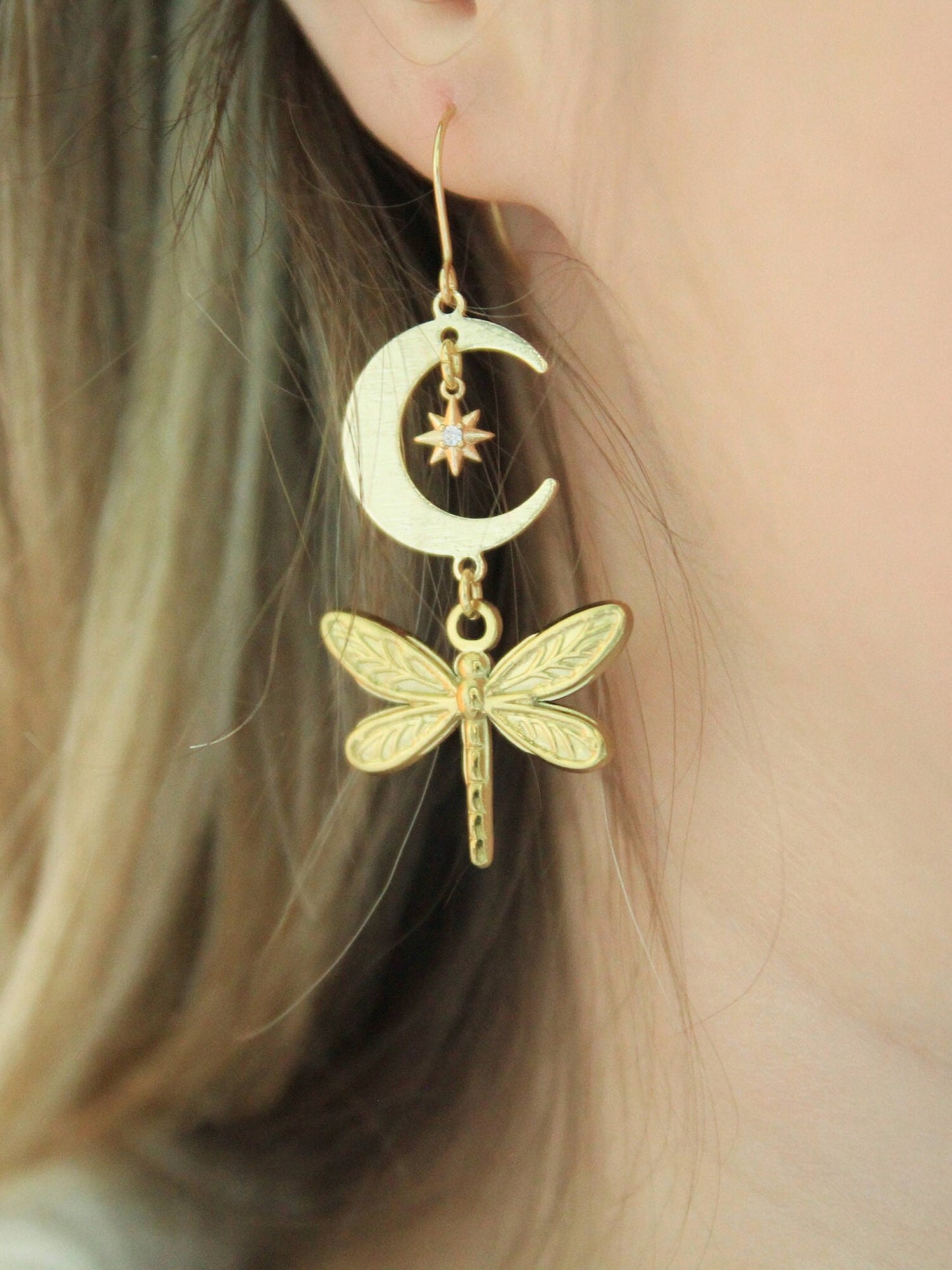Gold Celestial Dragonfly Earrings