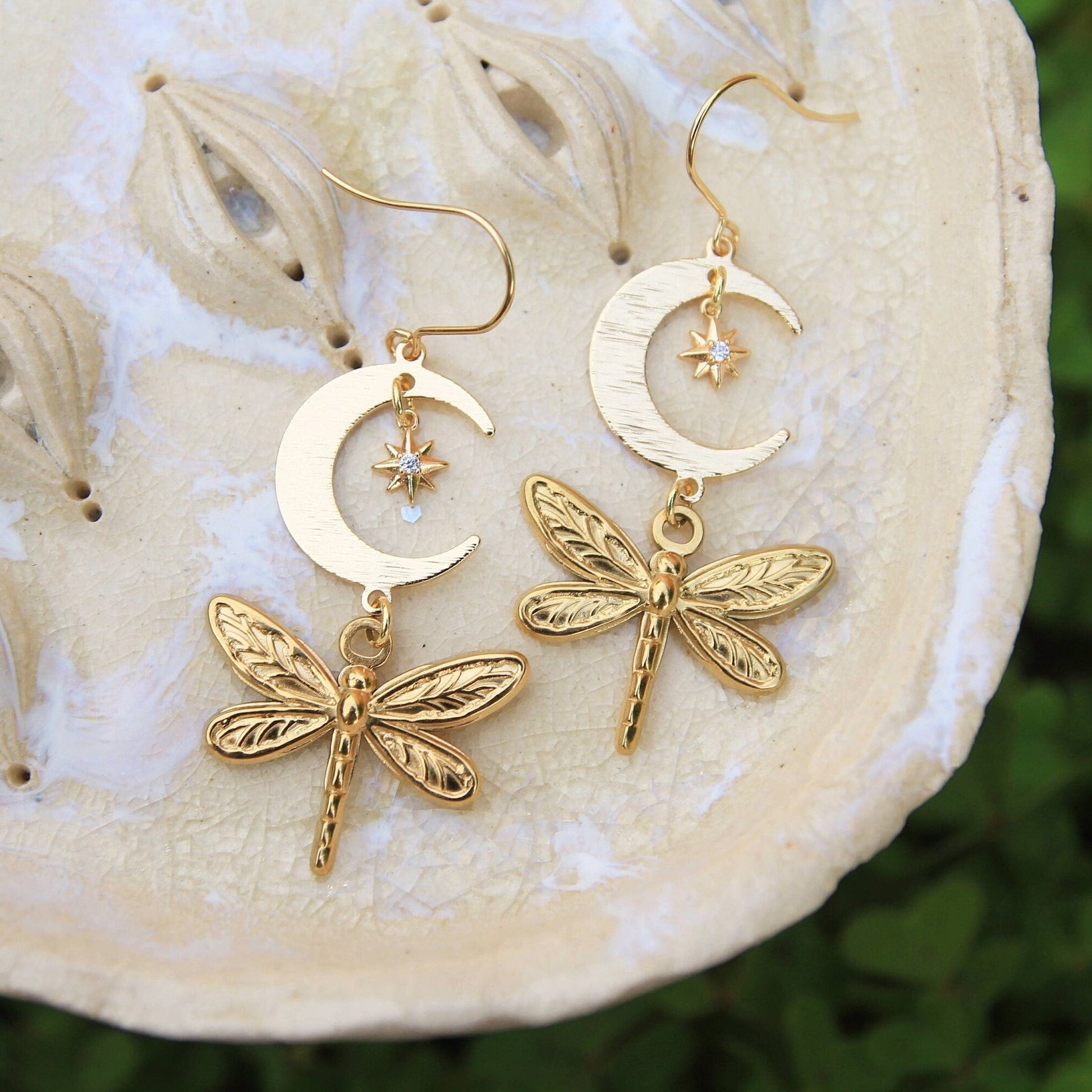Gold Celestial Dragonfly Earrings