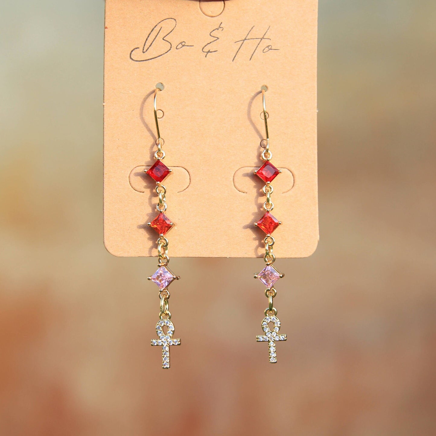 Gold Crystal Ankh Earrings