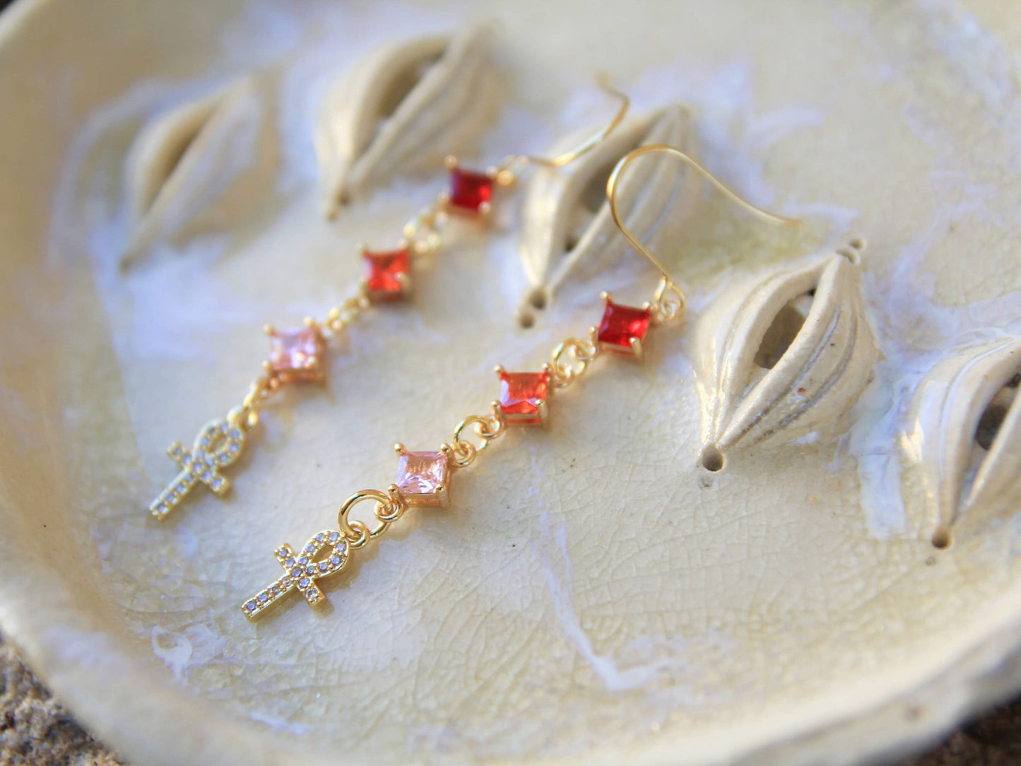 Gold Crystal Ankh Earrings