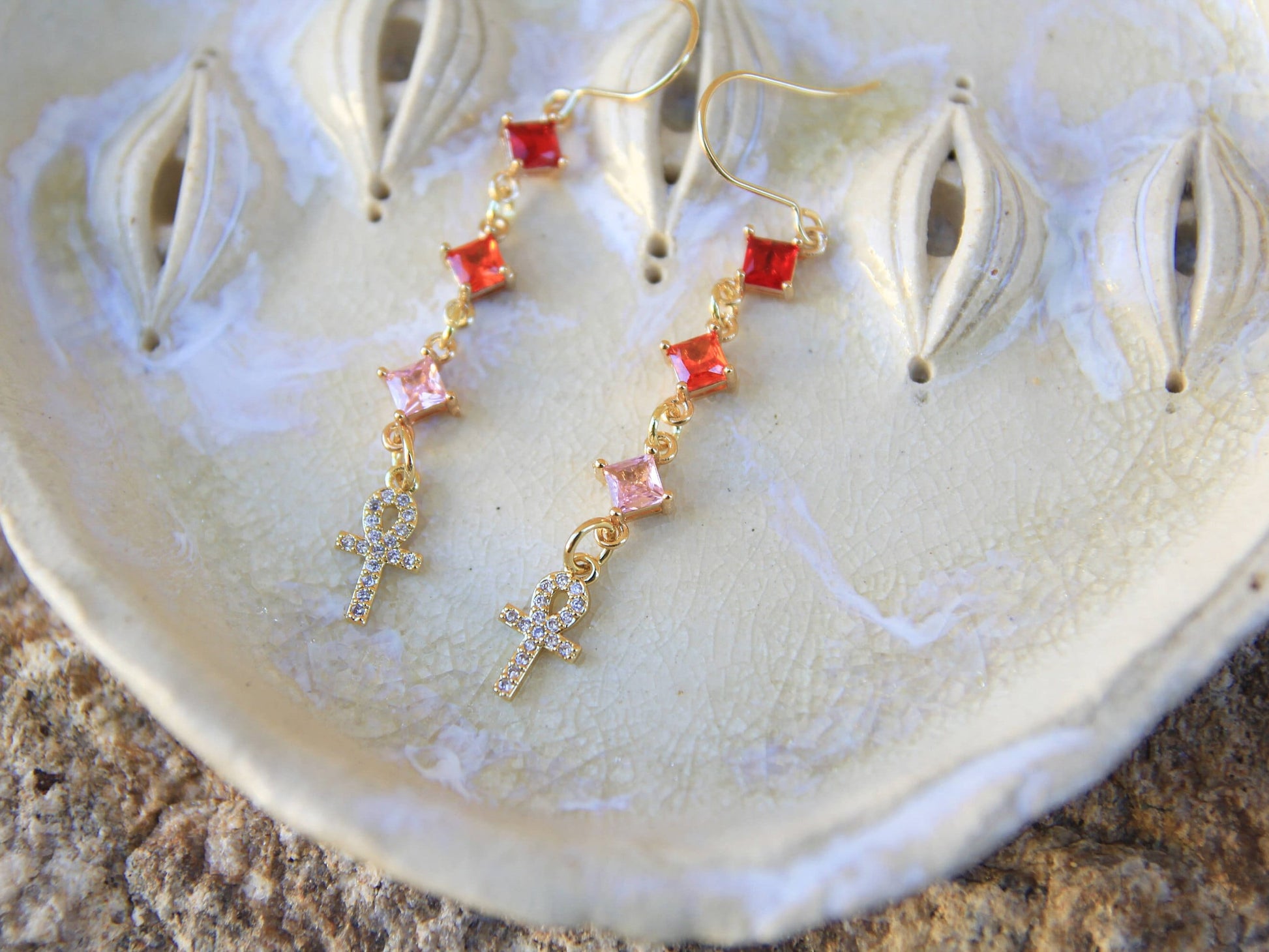 Gold Crystal Ankh Earrings
