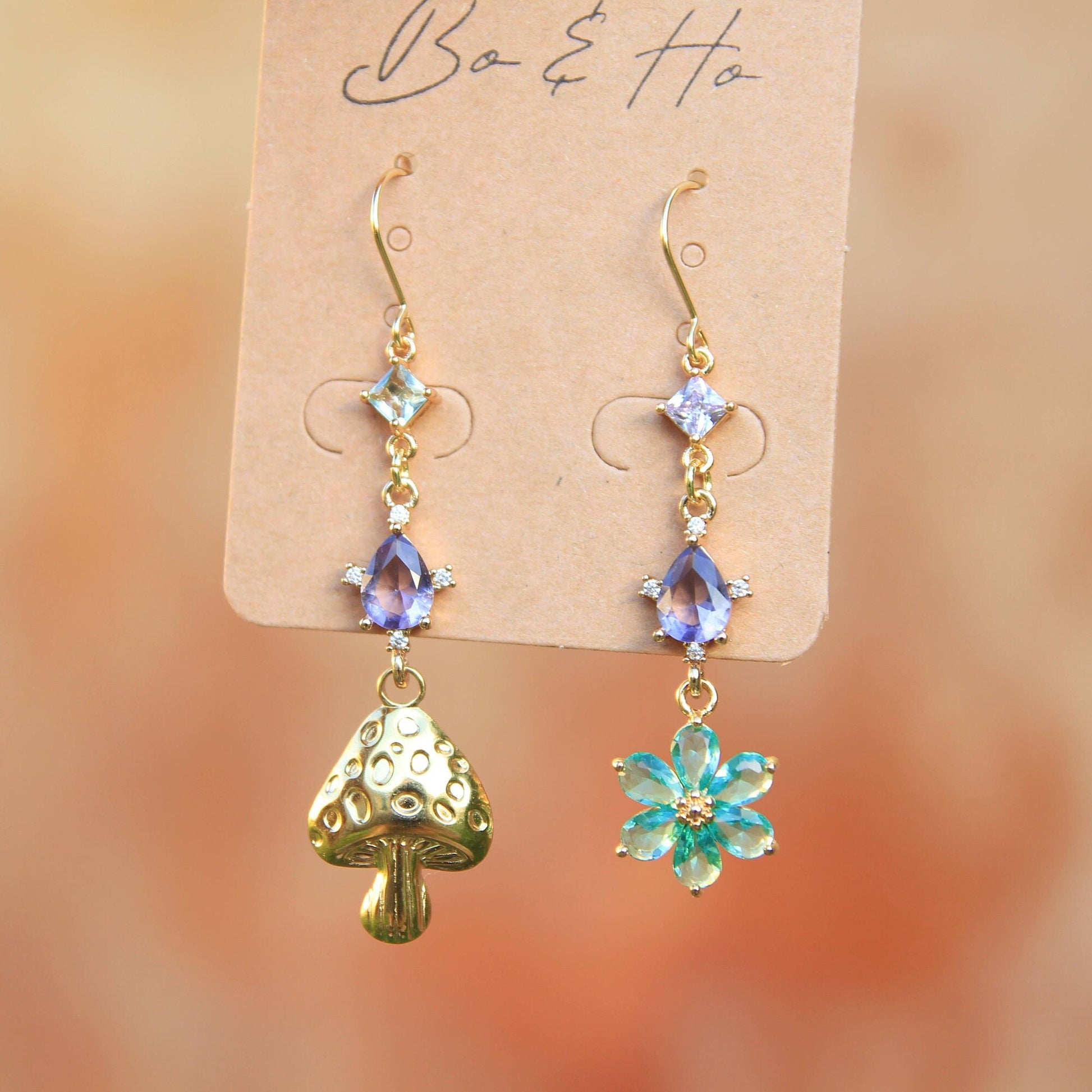 Asymmetric Gold Mushroom and Blue Flower Earrings