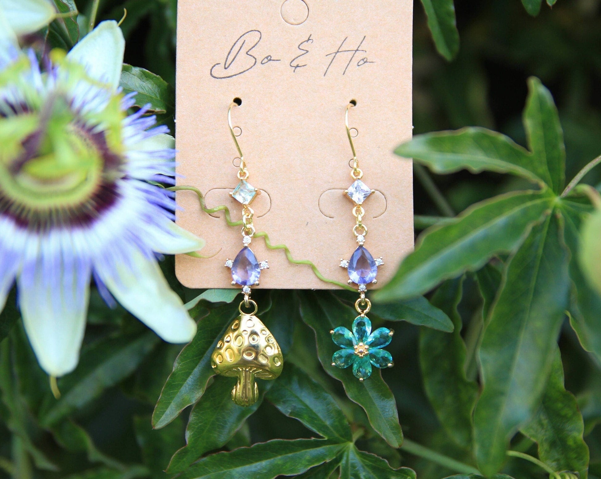 Asymmetric Gold Mushroom and Blue Flower Earrings