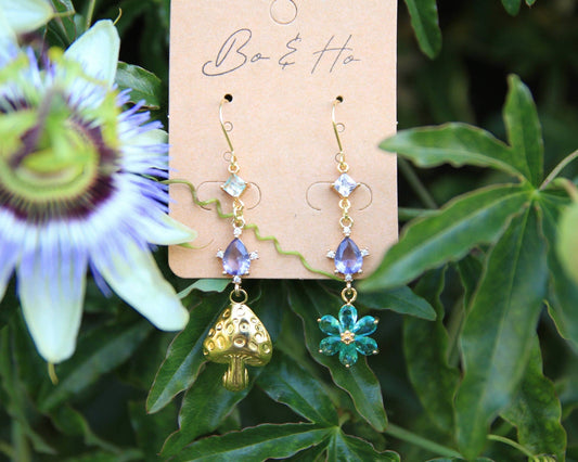 Asymmetric Gold Mushroom and Blue Flower Earrings