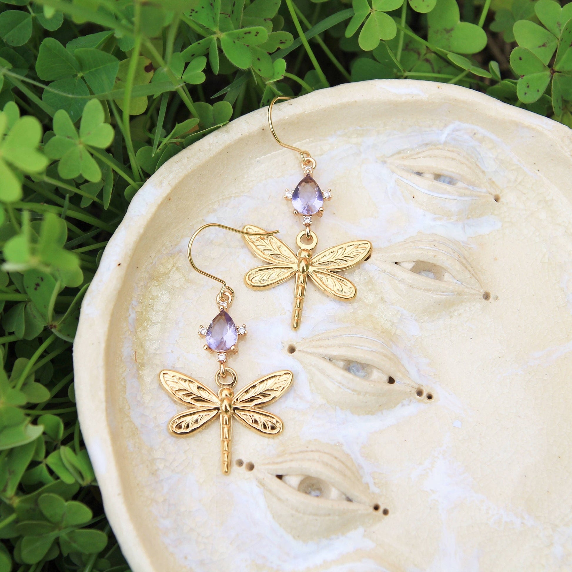Gold Dragonfly Crystal Earrings