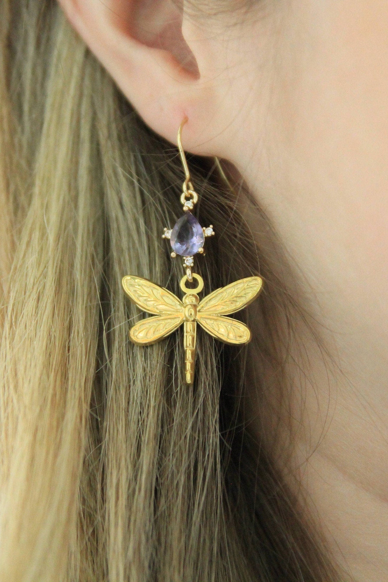 Gold Dragonfly Crystal Earrings