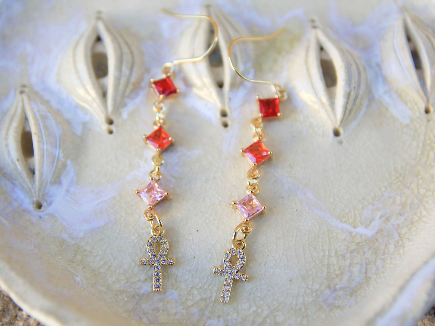 Gold Crystal Ankh Earrings