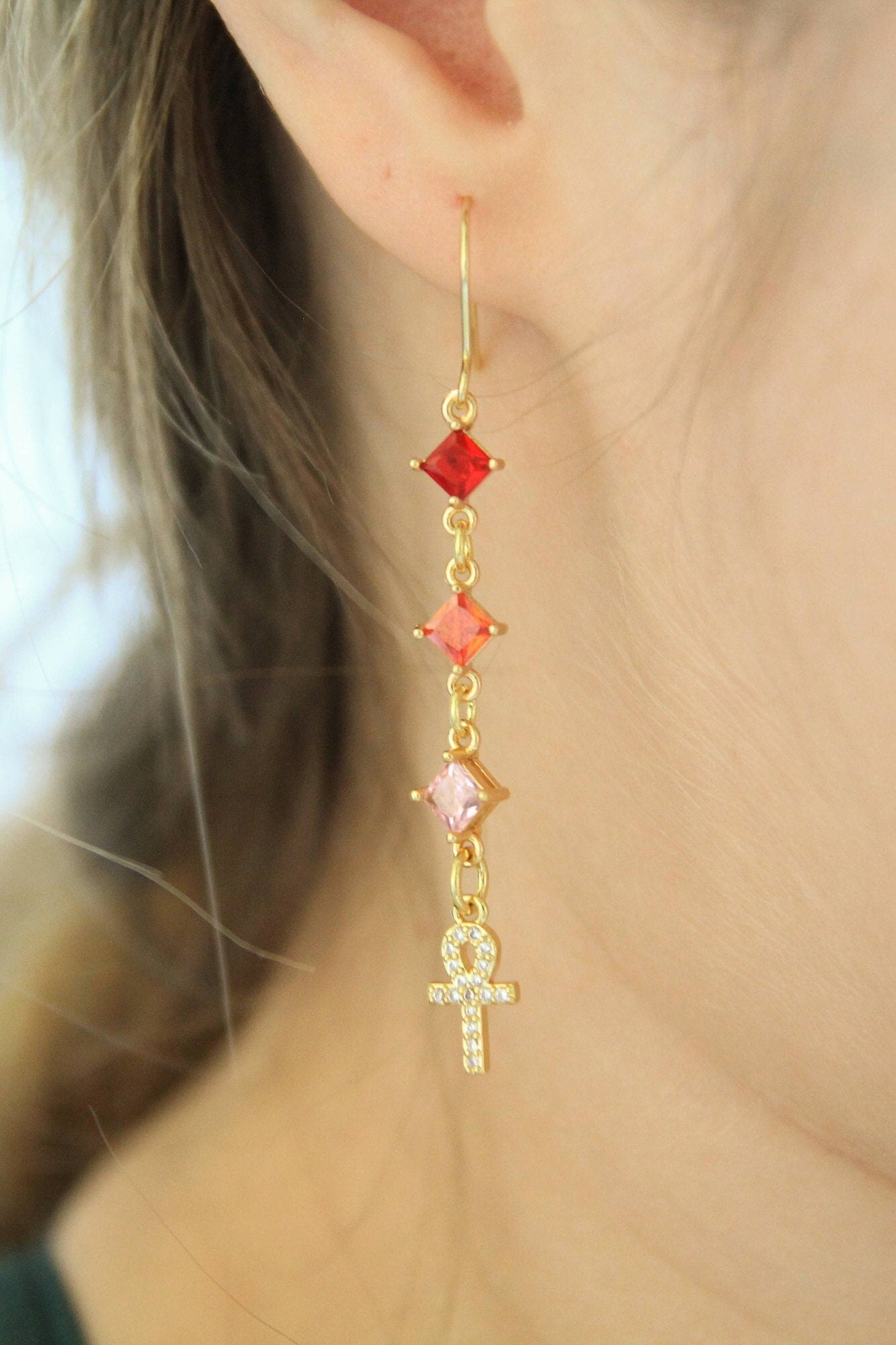 Gold Crystal Ankh Earrings