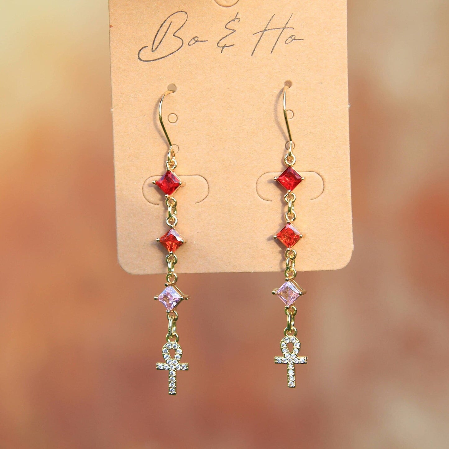 Gold Crystal Ankh Earrings