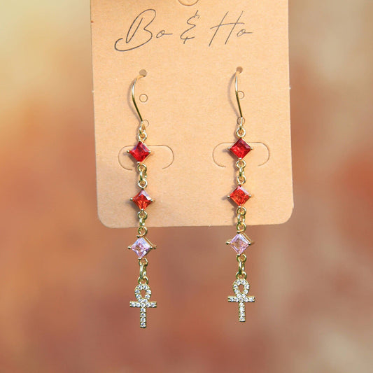 Gold Crystal Ankh Earrings