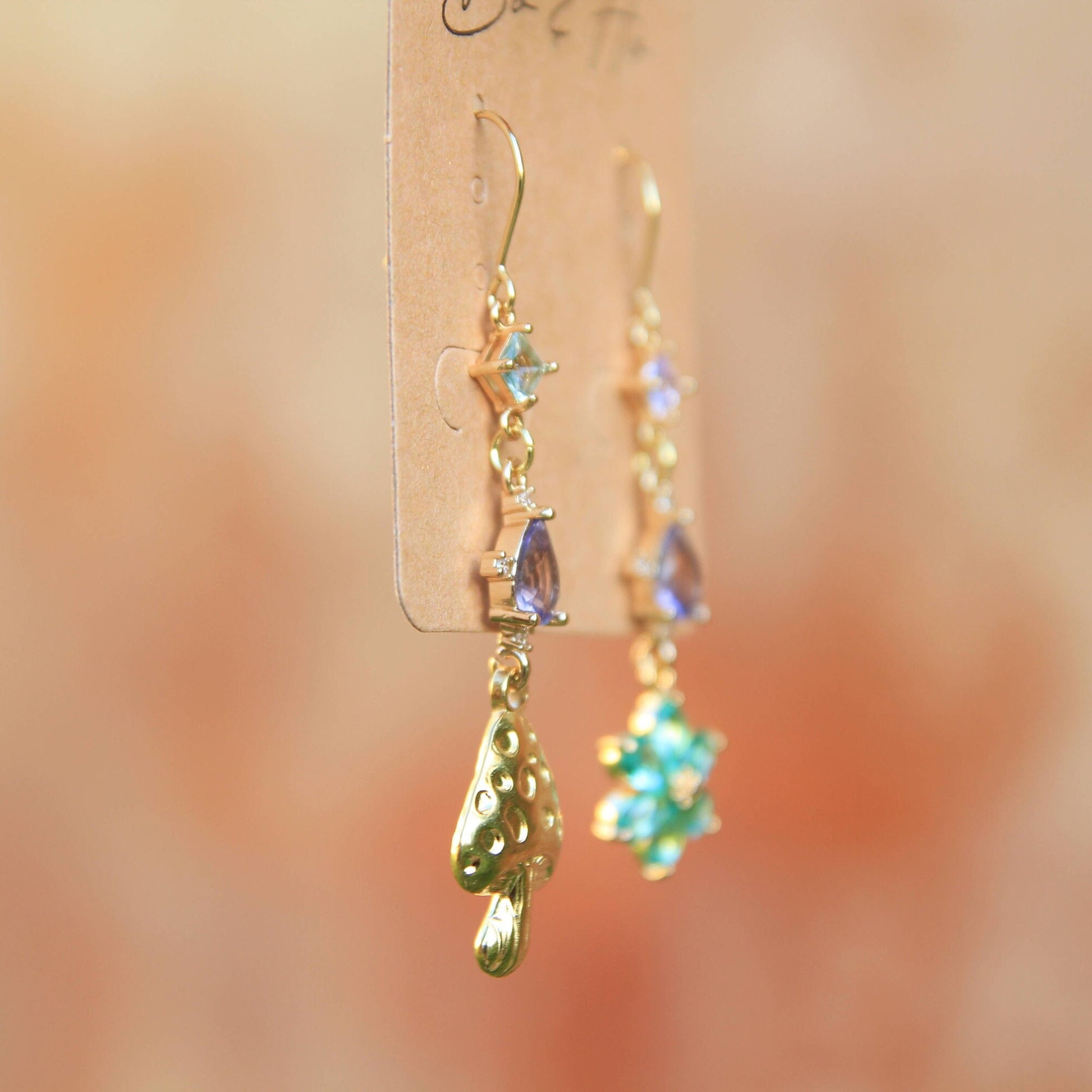 Asymmetric Gold Mushroom and Blue Flower Earrings