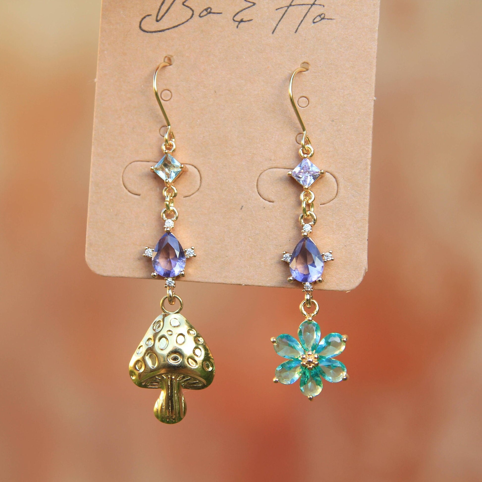 Asymmetric Gold Mushroom and Blue Flower Earrings
