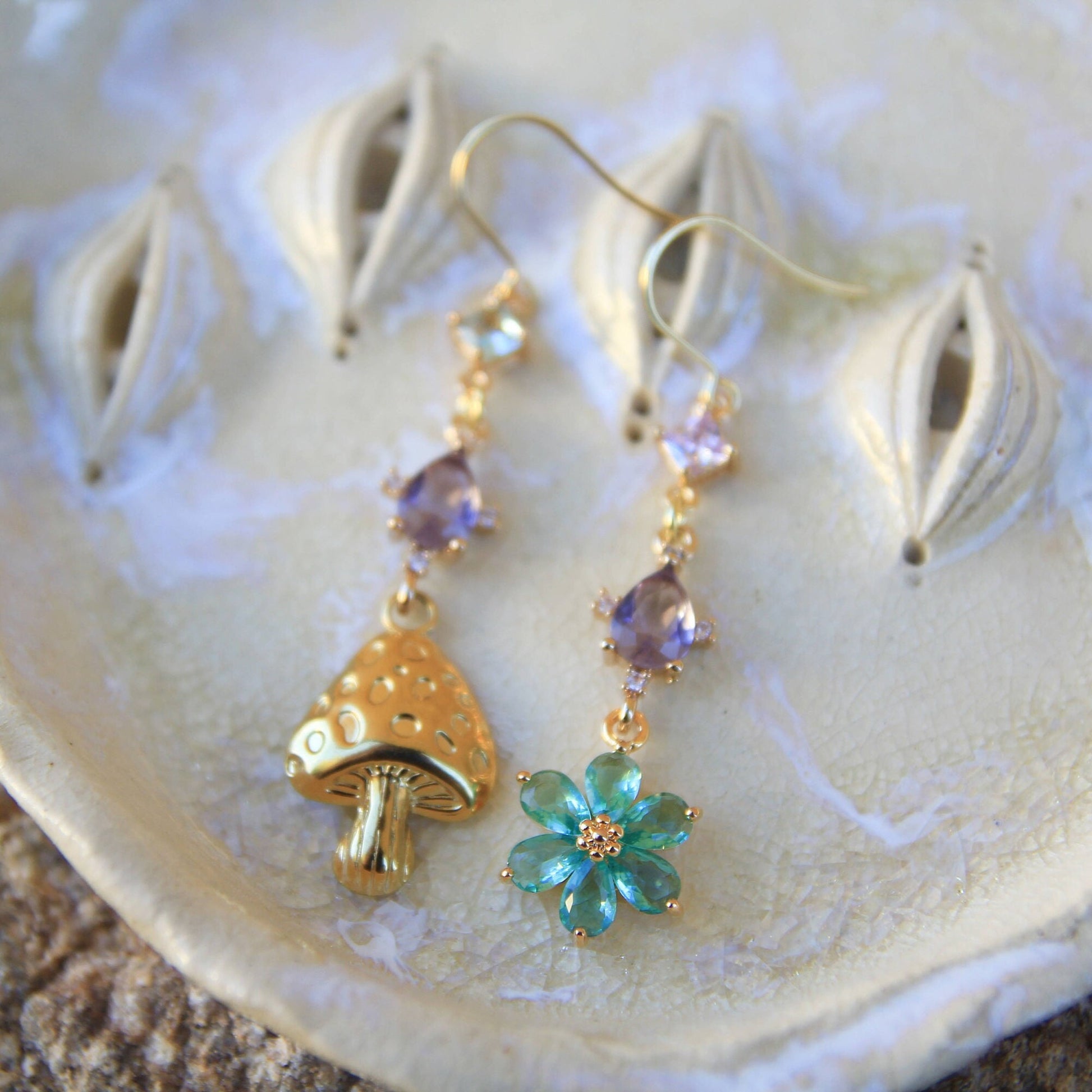 Asymmetric Gold Mushroom and Blue Flower Earrings