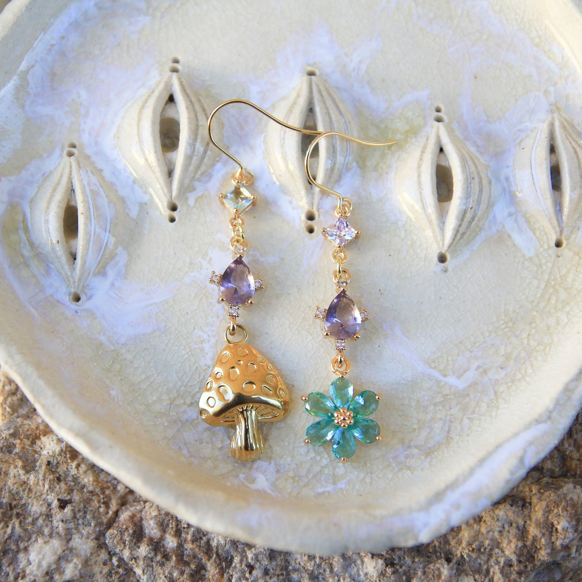 Asymmetric Gold Mushroom and Blue Flower Earrings