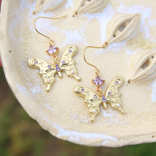 Gold Butterfly Earrings with Stars, Moons, Crystals