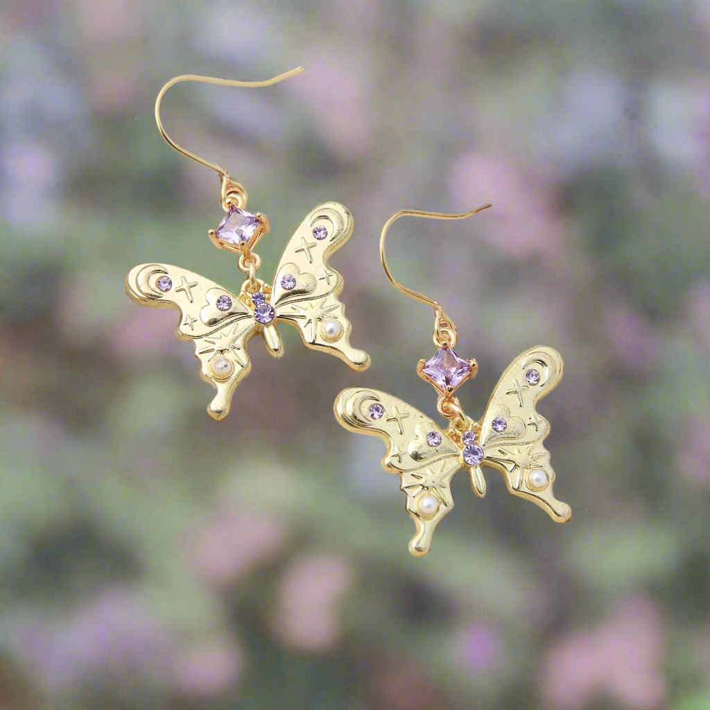 Gold Butterfly Earrings with Stars, Moons, Crystals