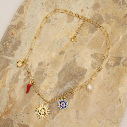 Gold Chunky Charm Sun Necklace with Eye, Pearl, Chilli, Pearl