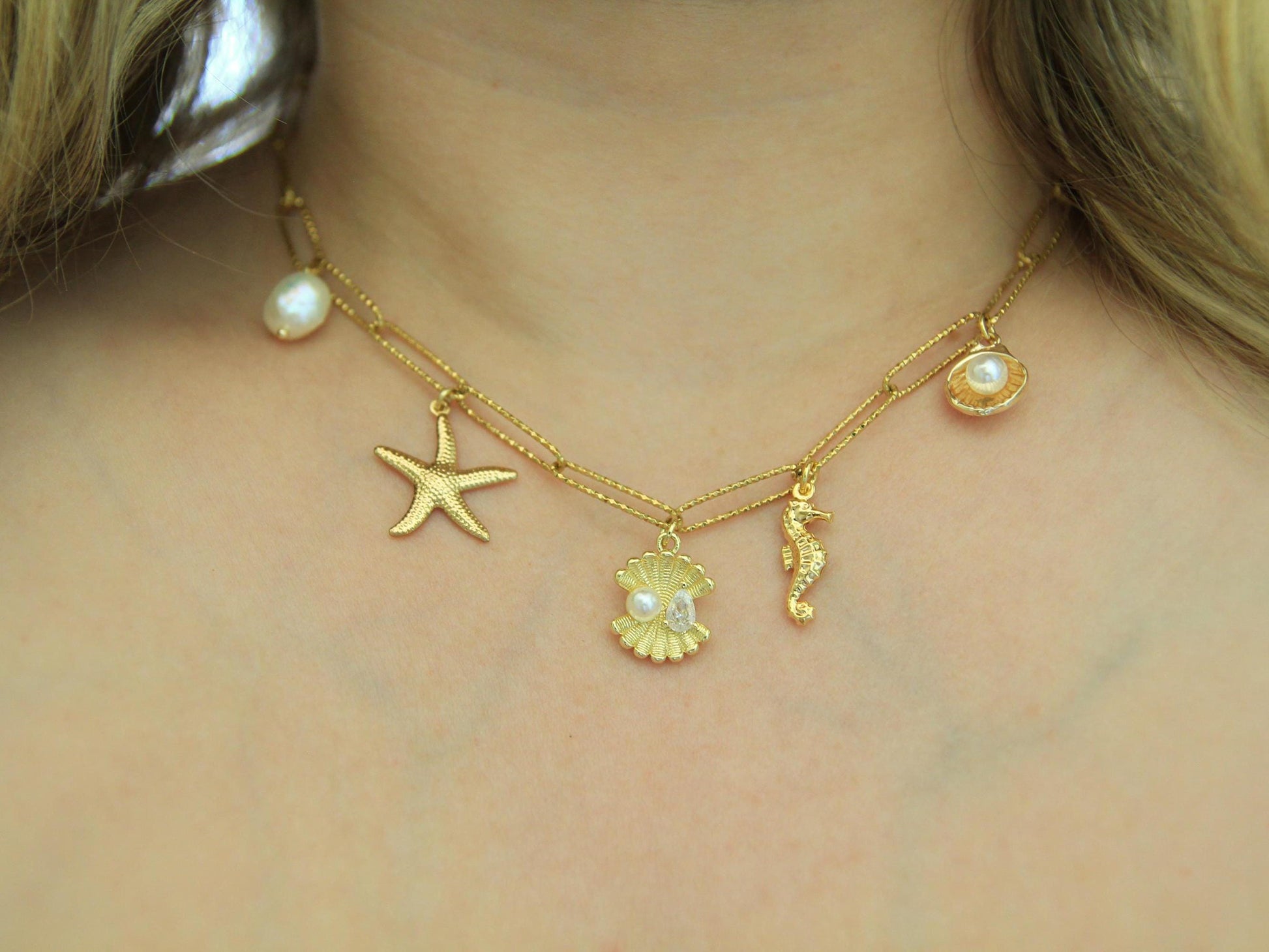 Gold Chunky Charm Beach Inspired Necklace with Pearl, Shells, Starfish and Seahorse