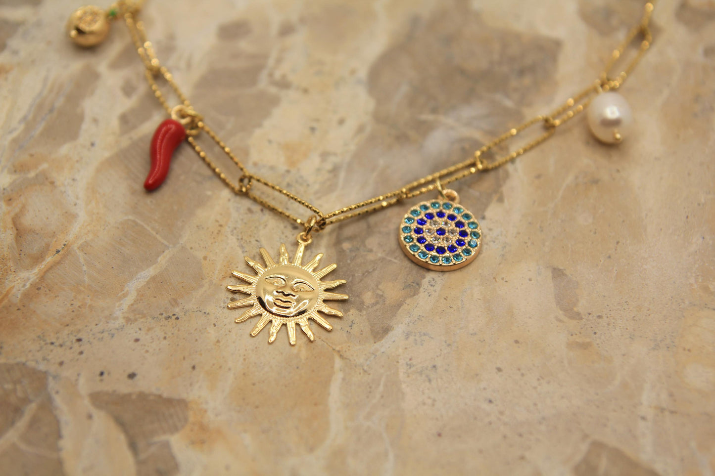 Gold Chunky Charm Sun Necklace with Eye, Pearl, Chilli, Pearl