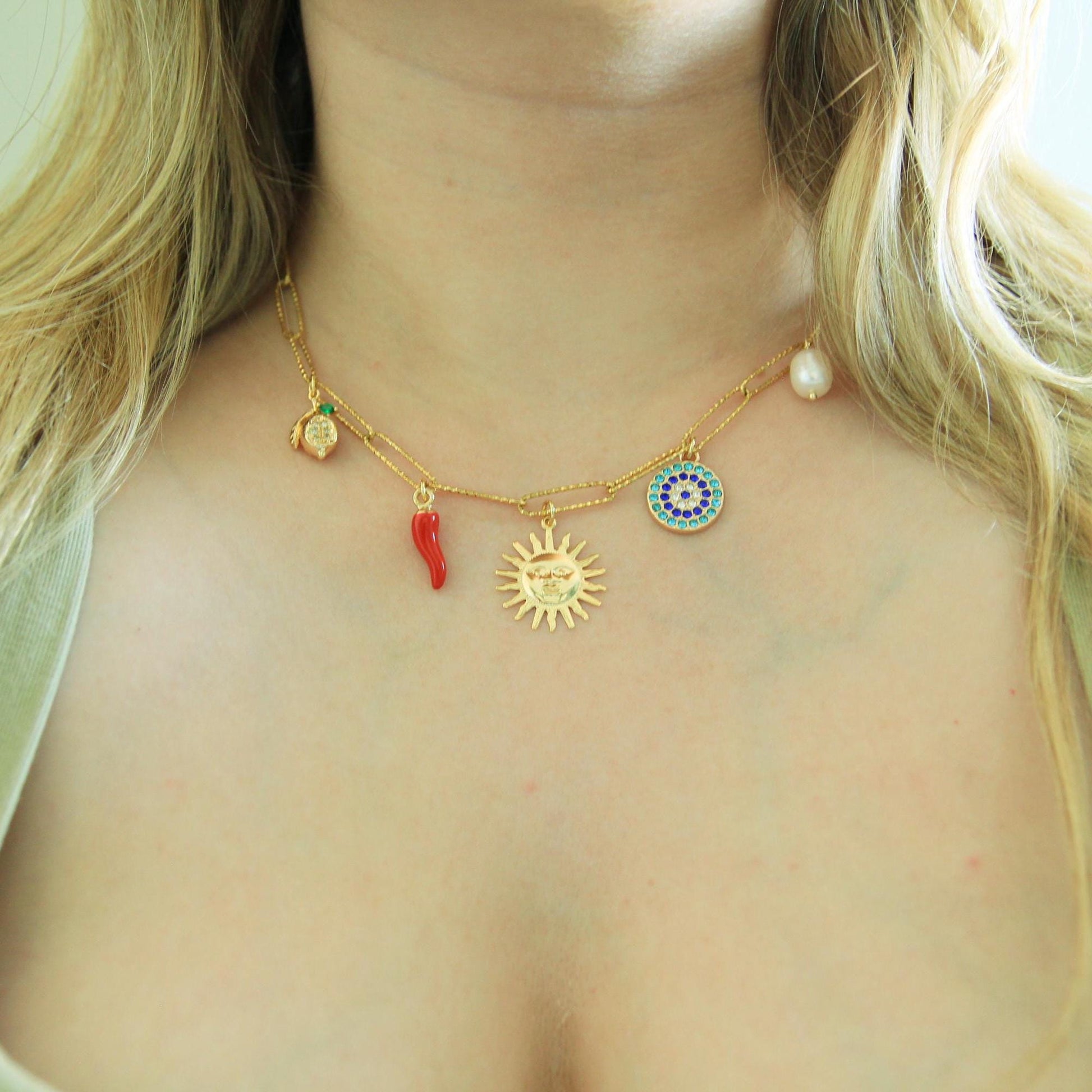 Gold Chunky Charm Sun Necklace with Eye, Pearl, Chilli, Pearl