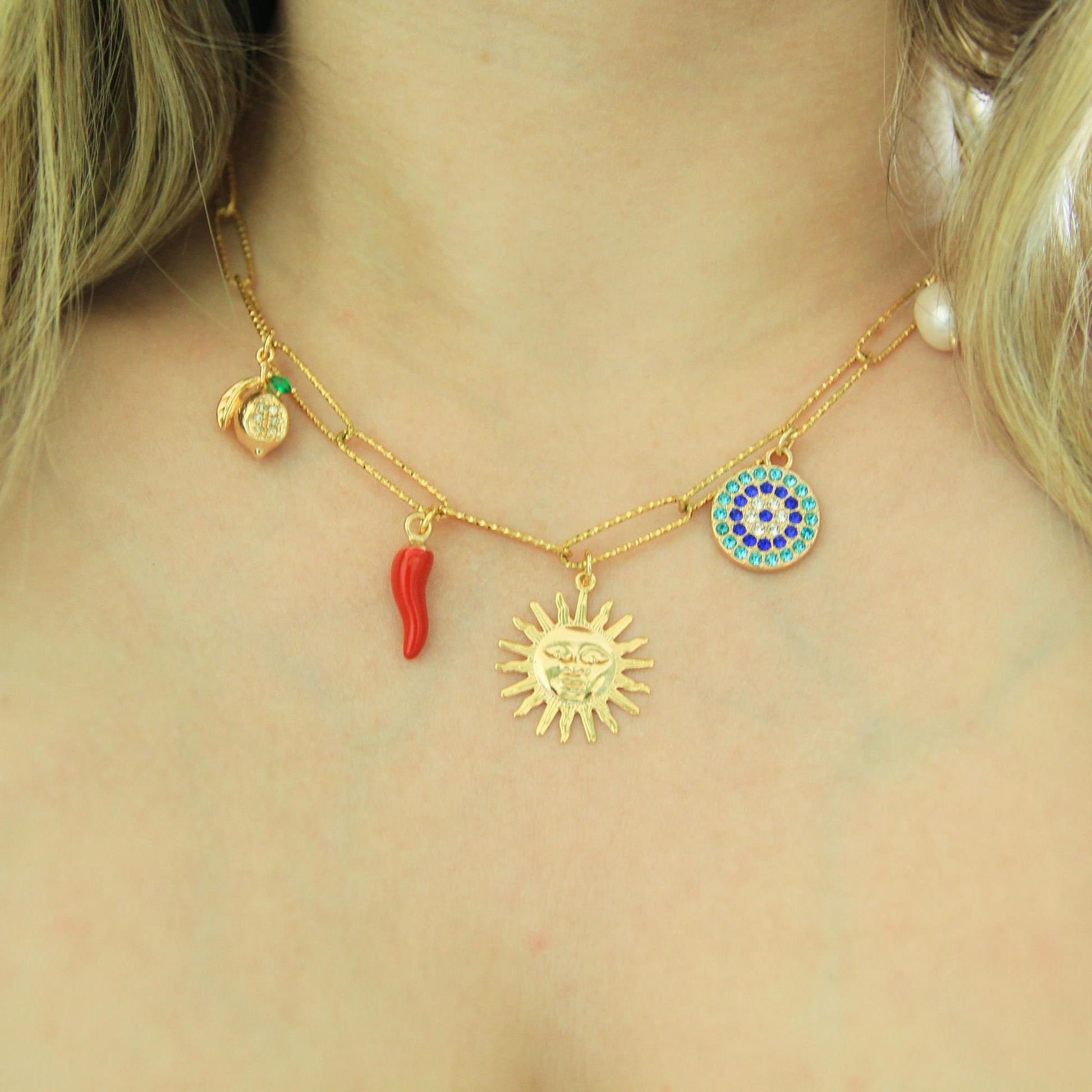 Gold Chunky Charm Sun Necklace with Eye, Pearl, Chilli, Pearl