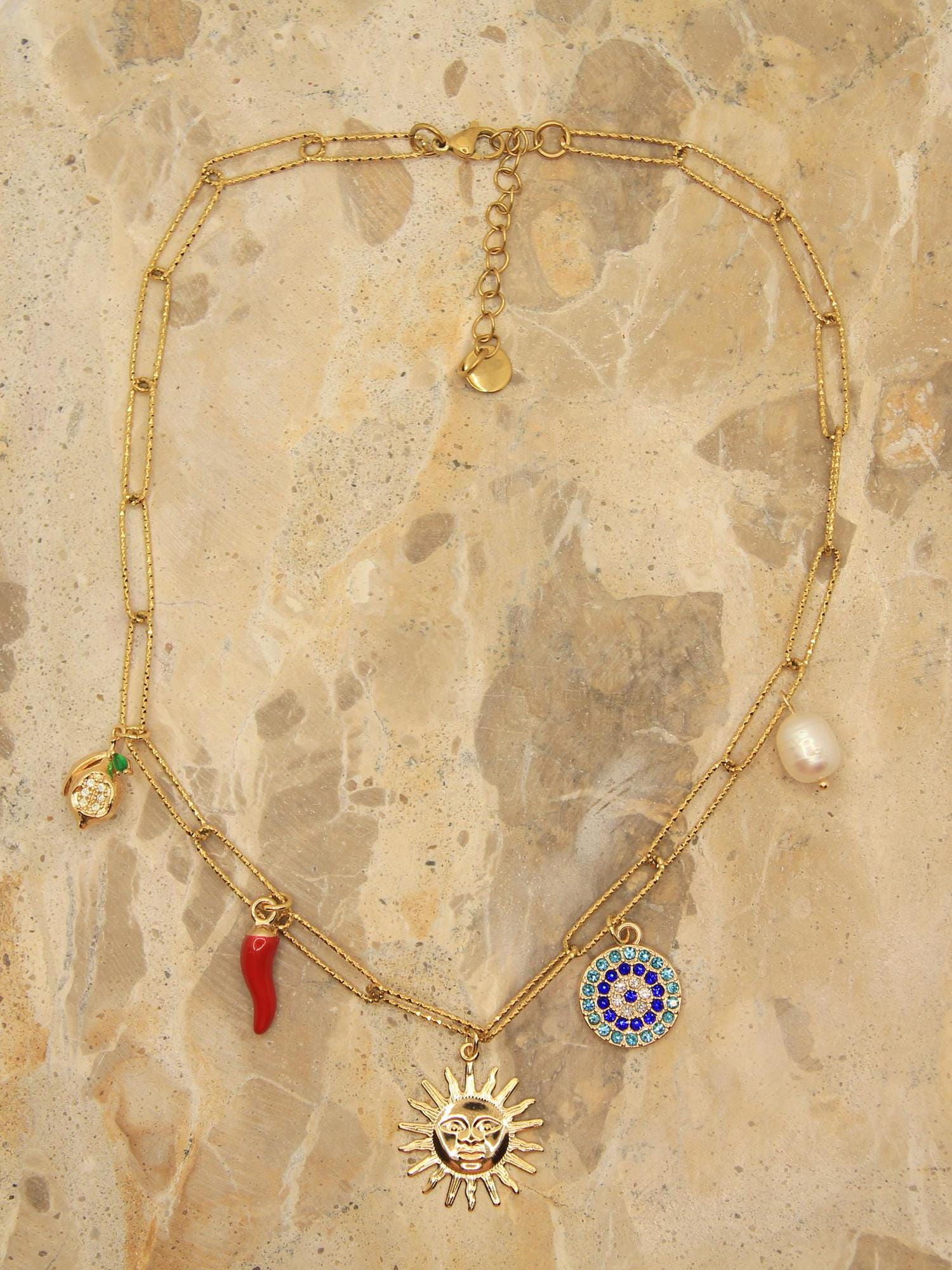 Gold Chunky Charm Sun Necklace with Eye, Pearl, Chilli, Pearl