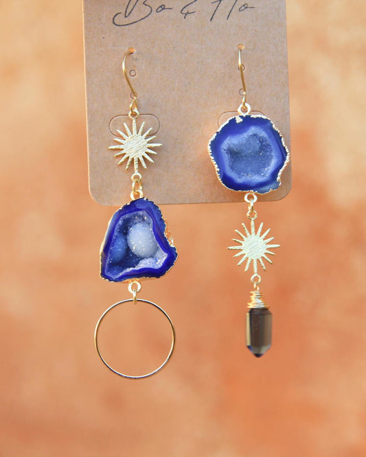 Blue Geode Gold Sun and Quartz Earrings
