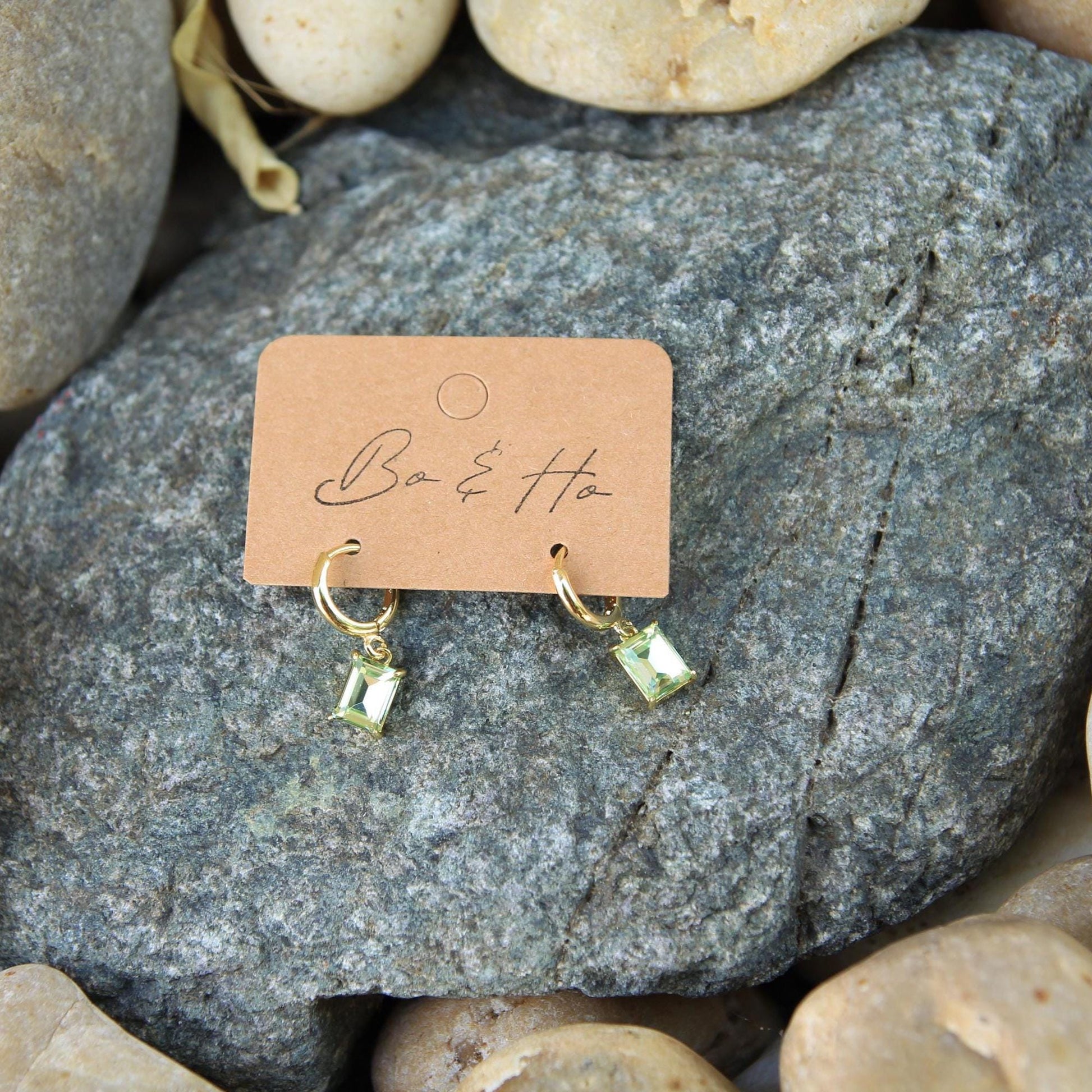 Green Rectangle Crystal Drop Hoop Earrings – Gold Minimalist Green Crystal Earrings