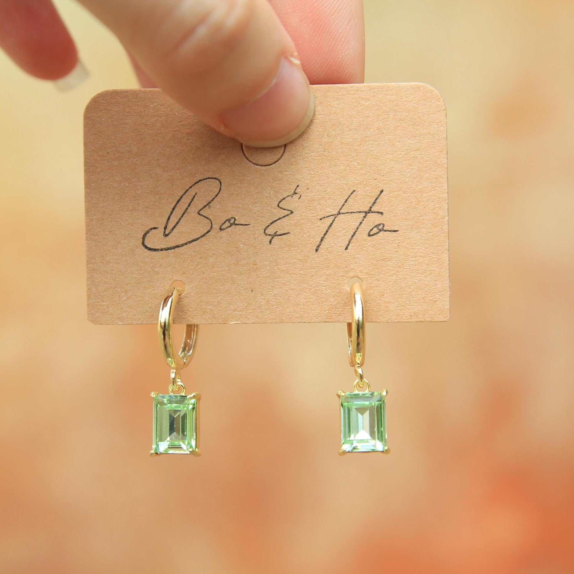 Green Rectangle Crystal Drop Hoop Earrings – Gold Minimalist Green Crystal Earrings