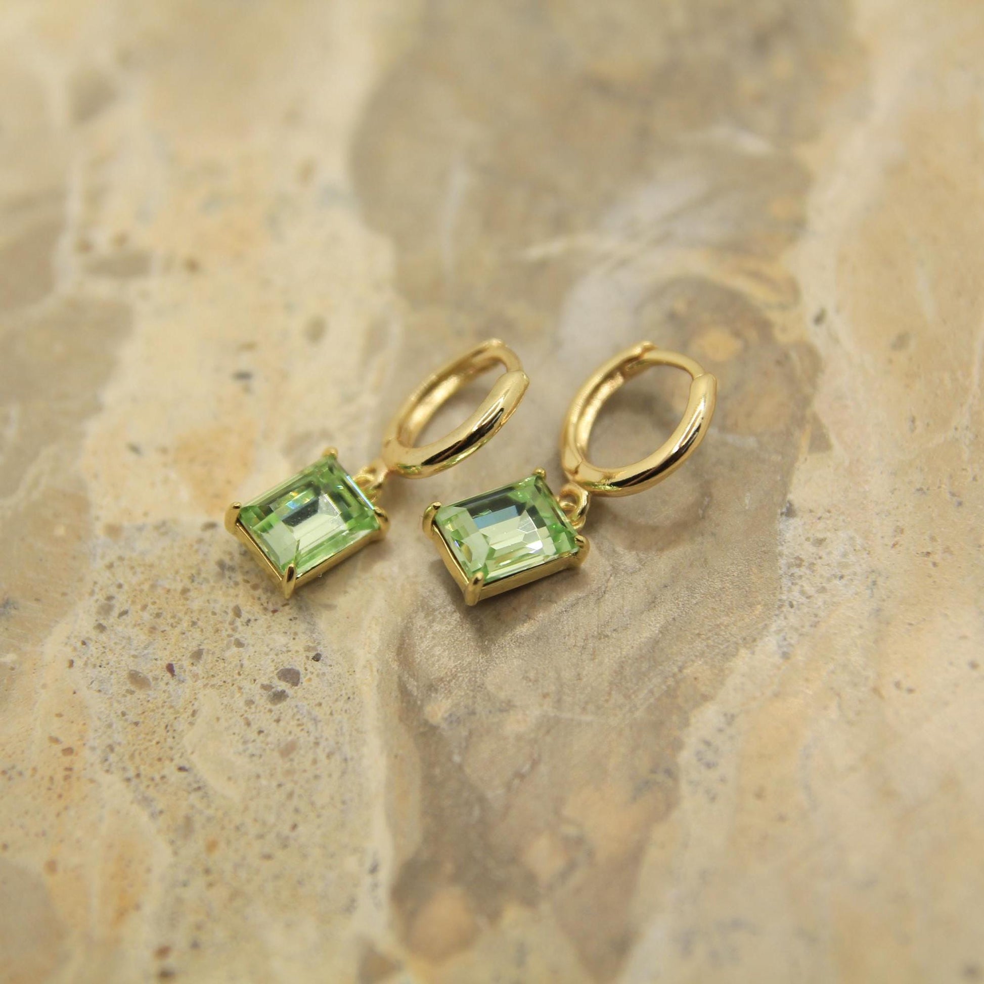 Green Rectangle Crystal Drop Hoop Earrings – Gold Minimalist Green Crystal Earrings