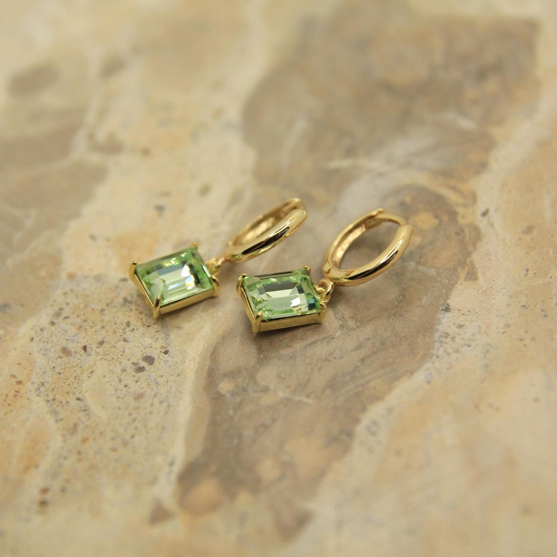 Green Rectangle Crystal Drop Hoop Earrings – Gold Minimalist Green Crystal Earrings