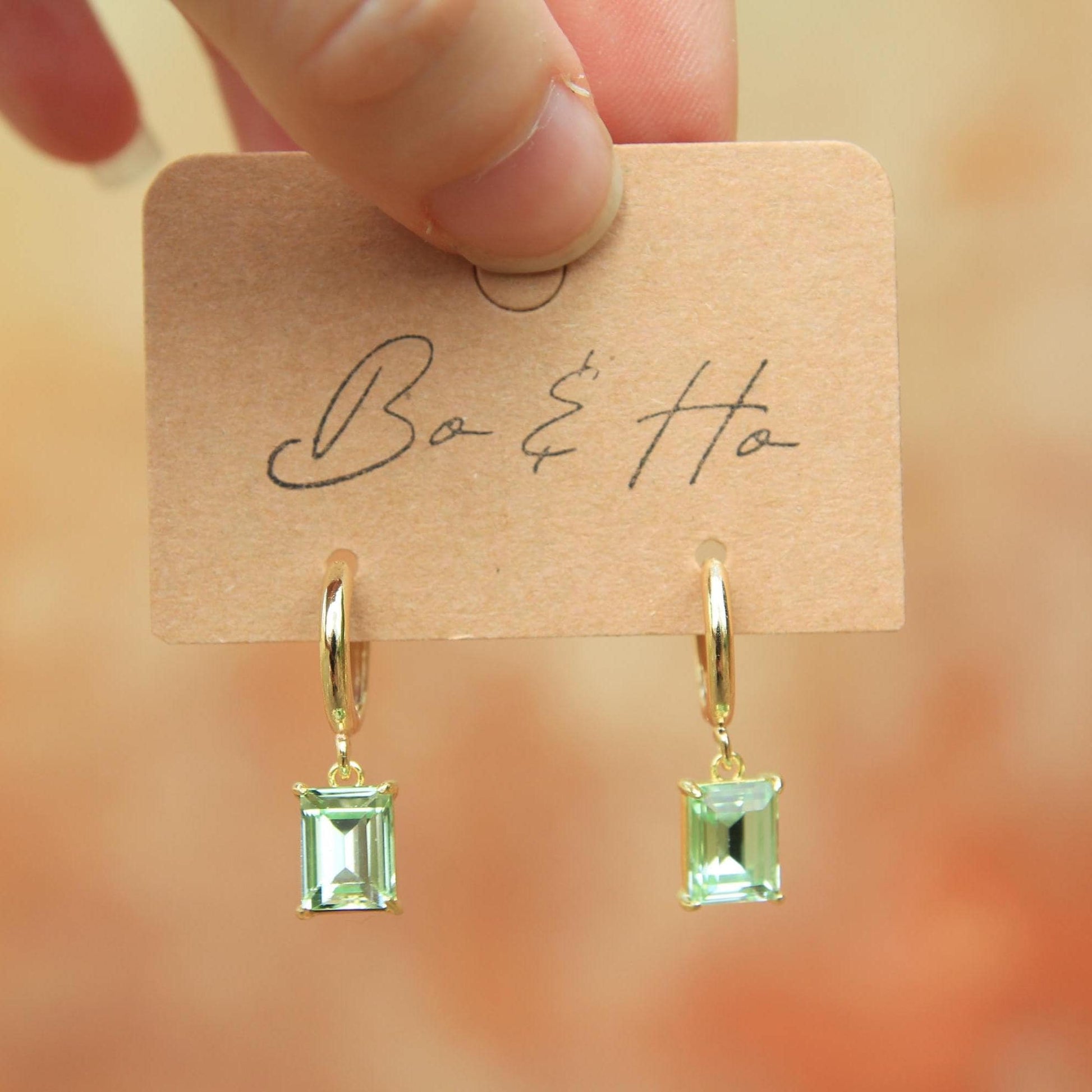 Green Rectangle Crystal Drop Hoop Earrings – Gold Minimalist Green Crystal Earrings