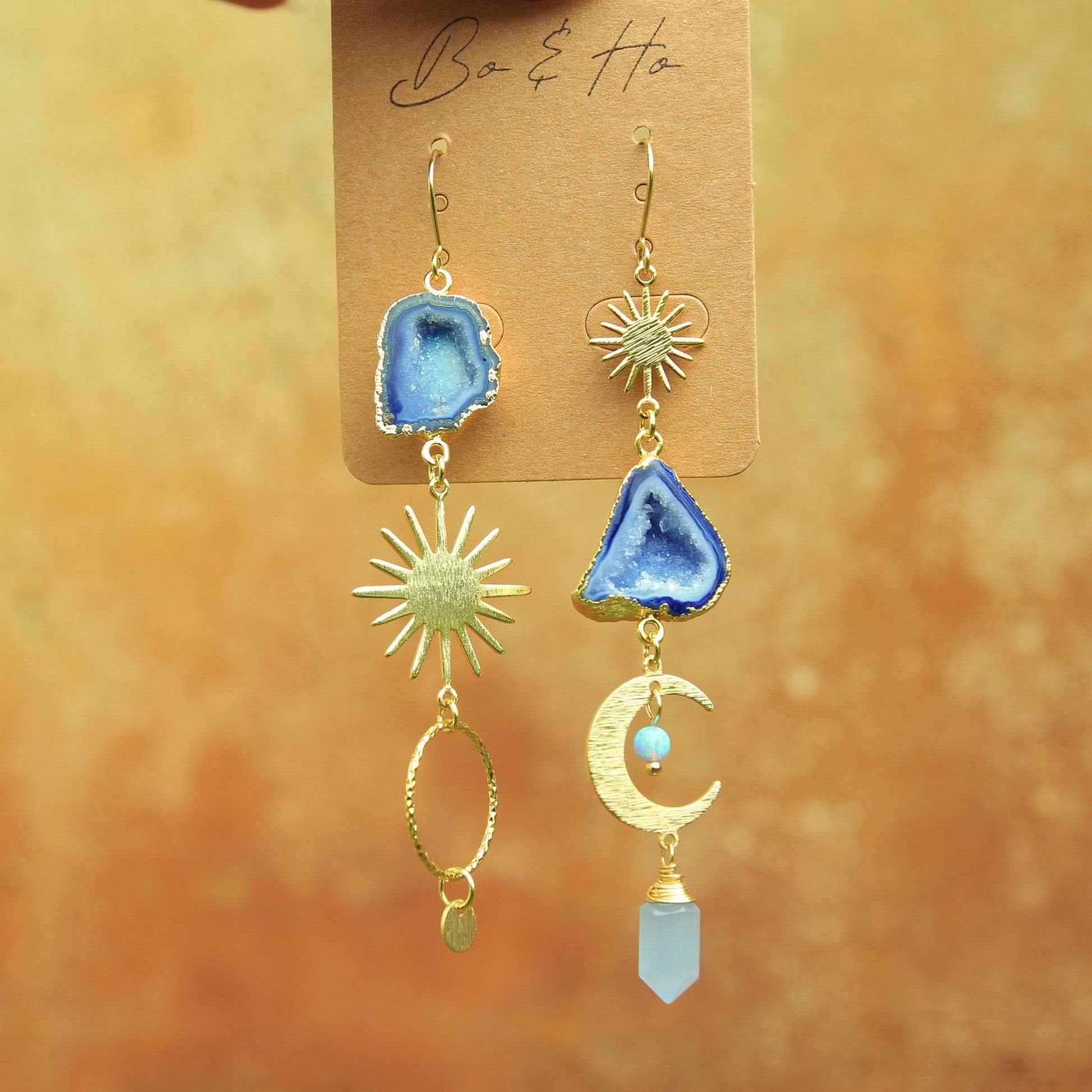 Asymmetric Blue Geode Crystal Sun and Moon Earrings with Opal