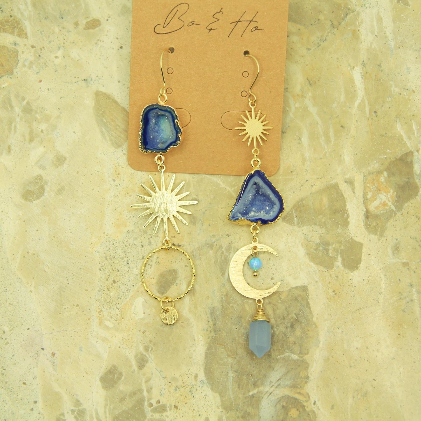 Asymmetric Blue Geode Crystal Sun and Moon Earrings with Opal