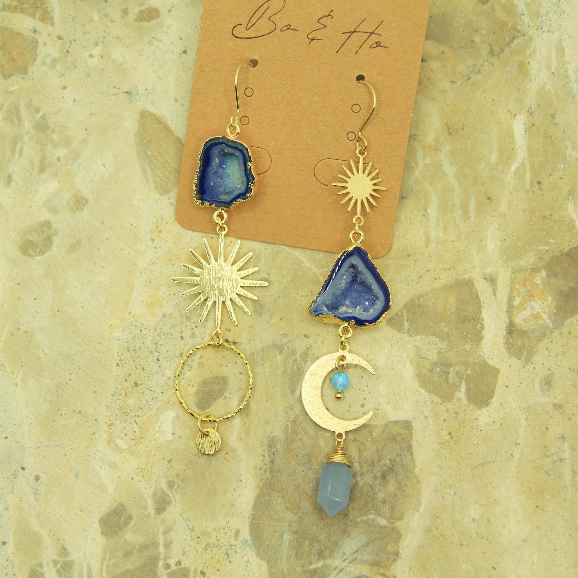 Asymmetric Blue Geode Crystal Sun and Moon Earrings with Opal