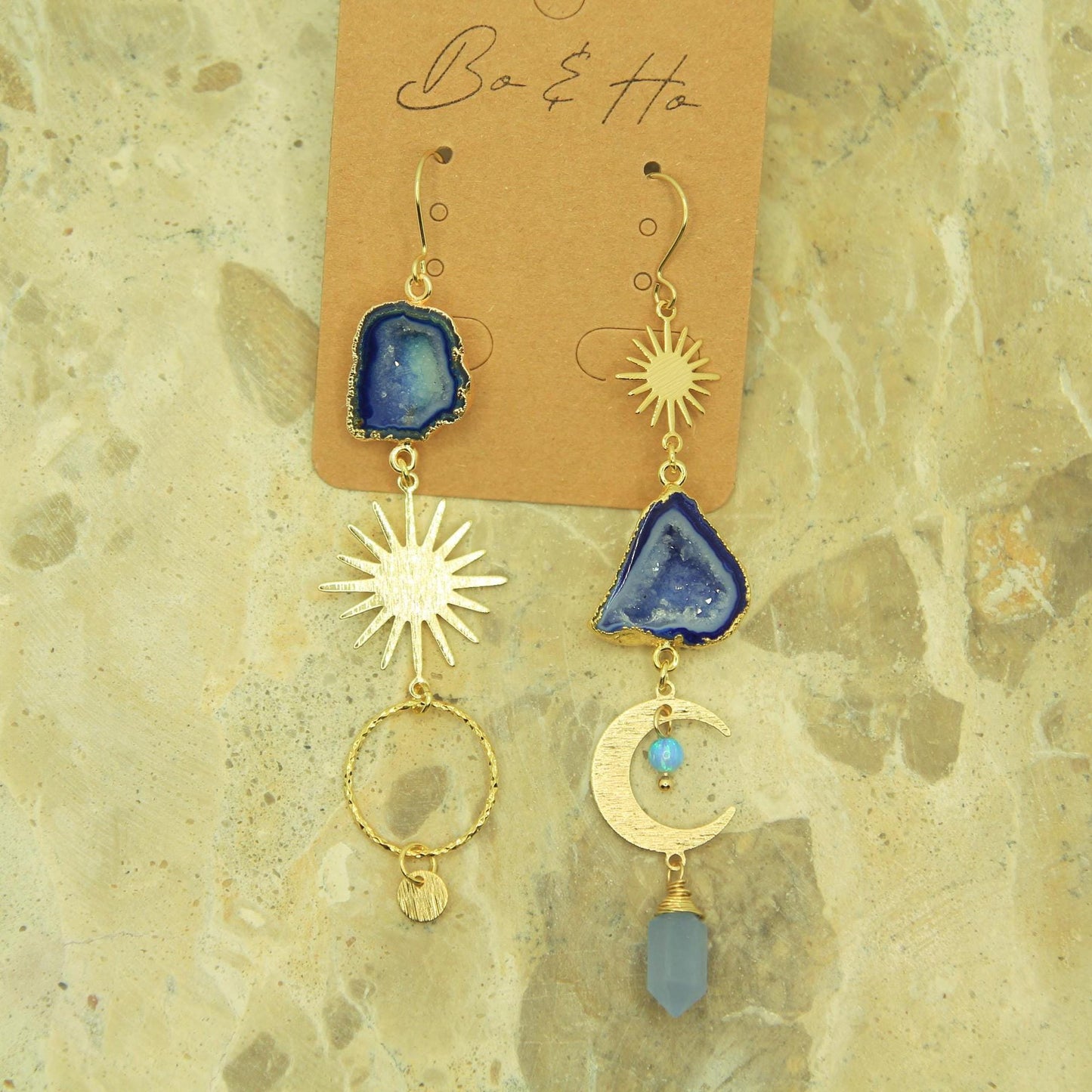 Asymmetric Blue Geode Crystal Sun and Moon Earrings with Opal